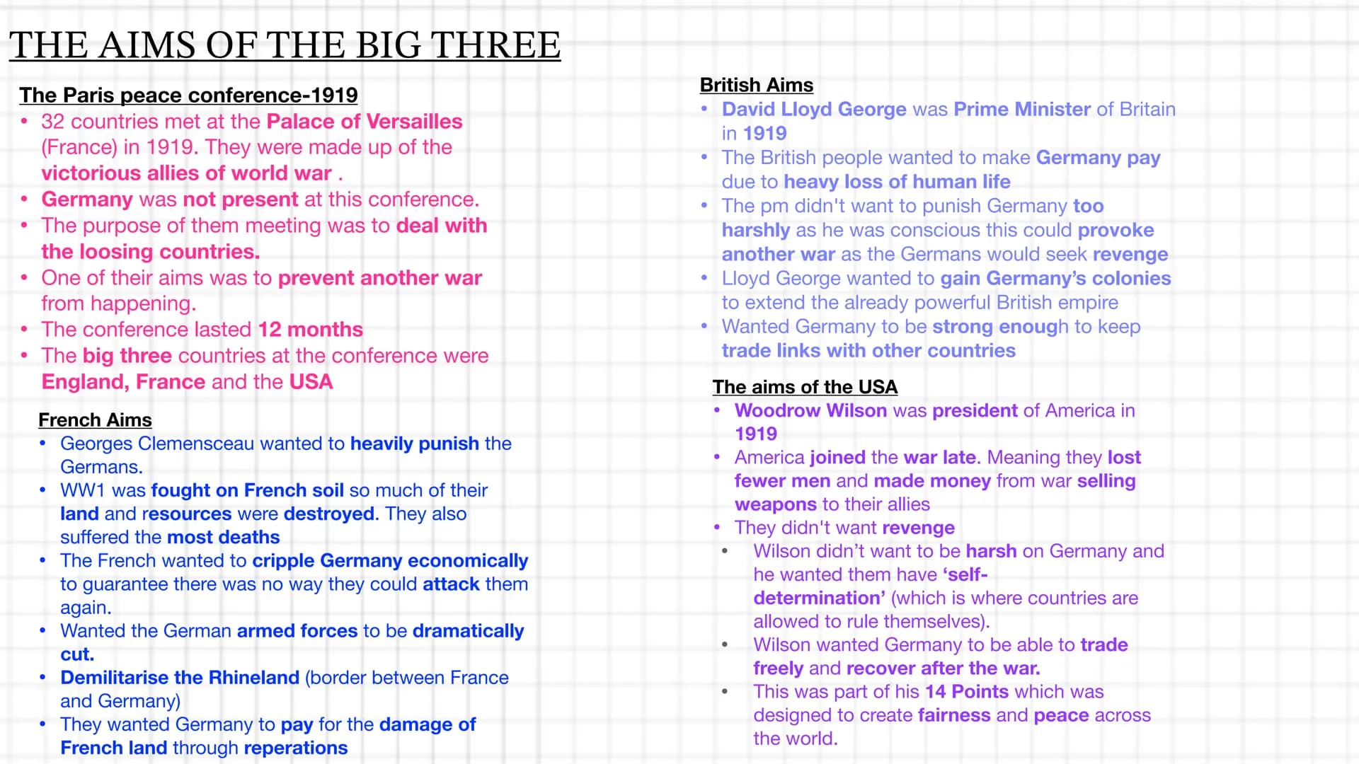 THE AIMS OF THE BIG THREE
The Paris peace conference-1919
32 countries met at the Palace of Versailles
(France) in 1919. They were made up o