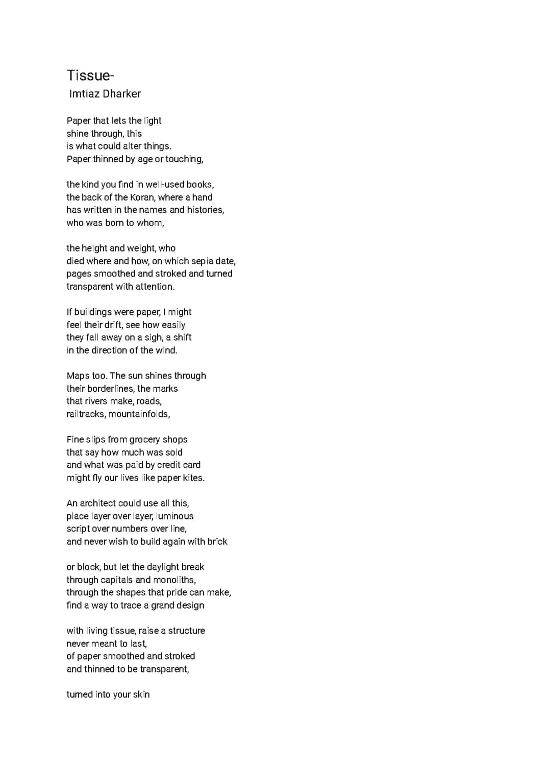Tissue- 'Imtiaz Dharker' (detailed annotation)