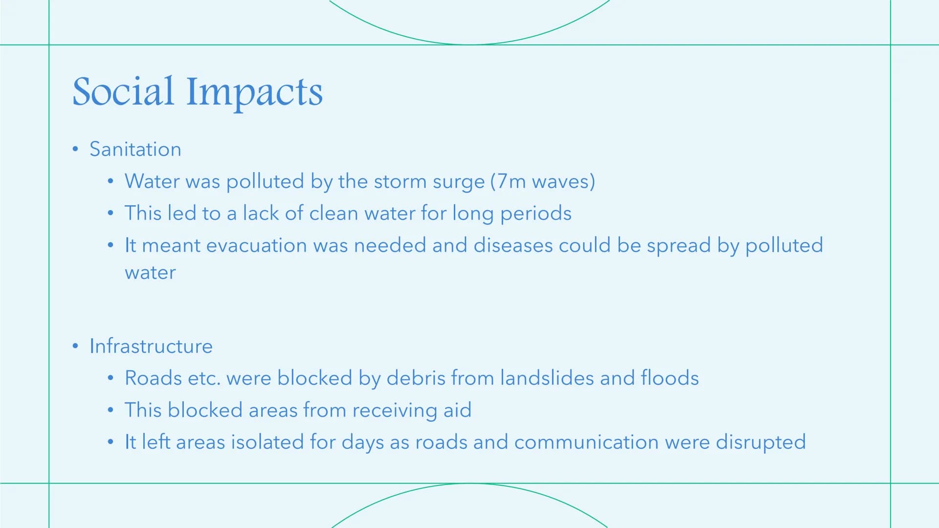 Typhoon Haiyan
2013, the Philippines (a developing country) Social Impacts
• Sanitation
●
●
Water was polluted by the storm surge (7m waves)