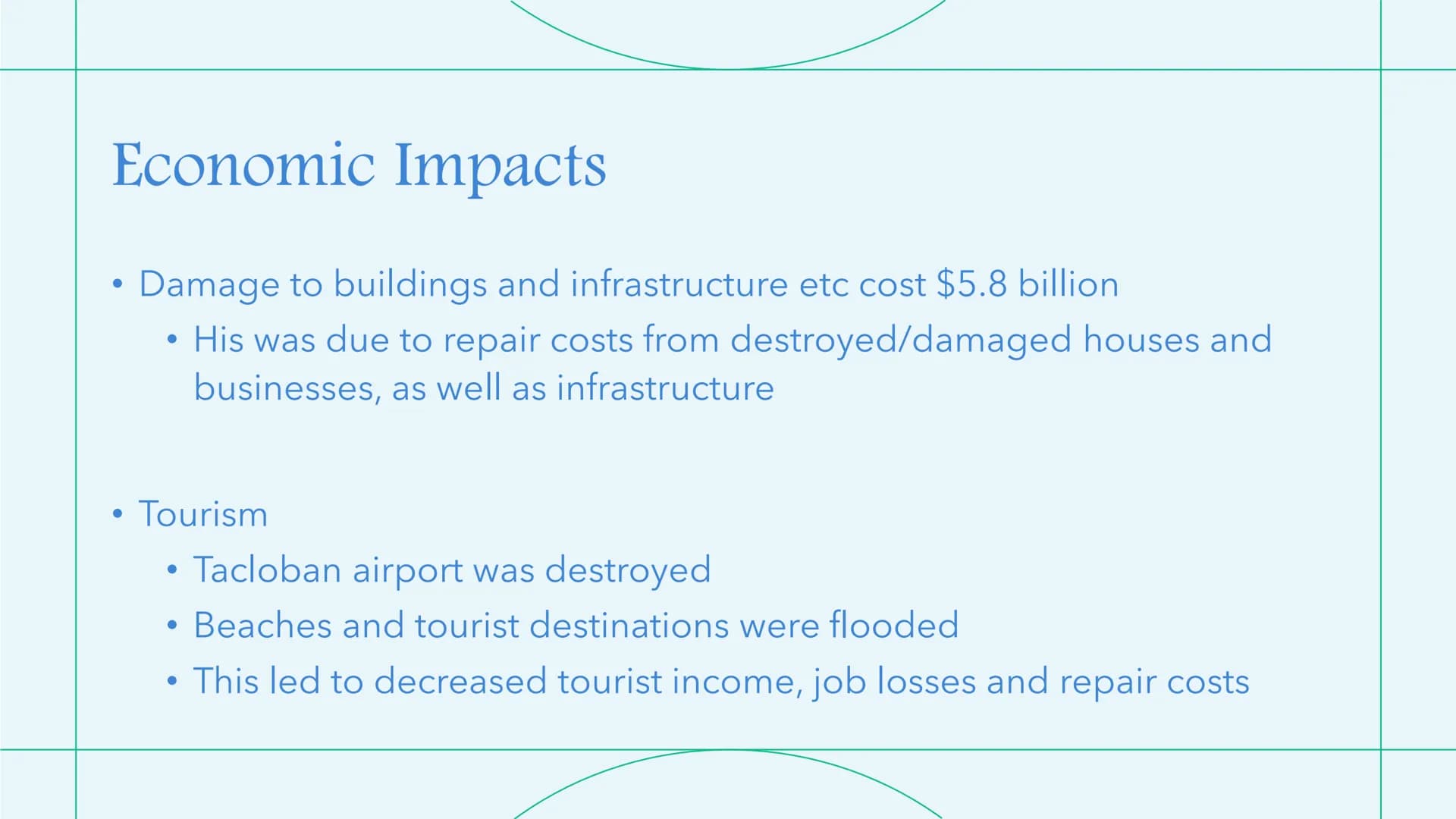Typhoon Haiyan
2013, the Philippines (a developing country) Social Impacts
• Sanitation
●
●
Water was polluted by the storm surge (7m waves)