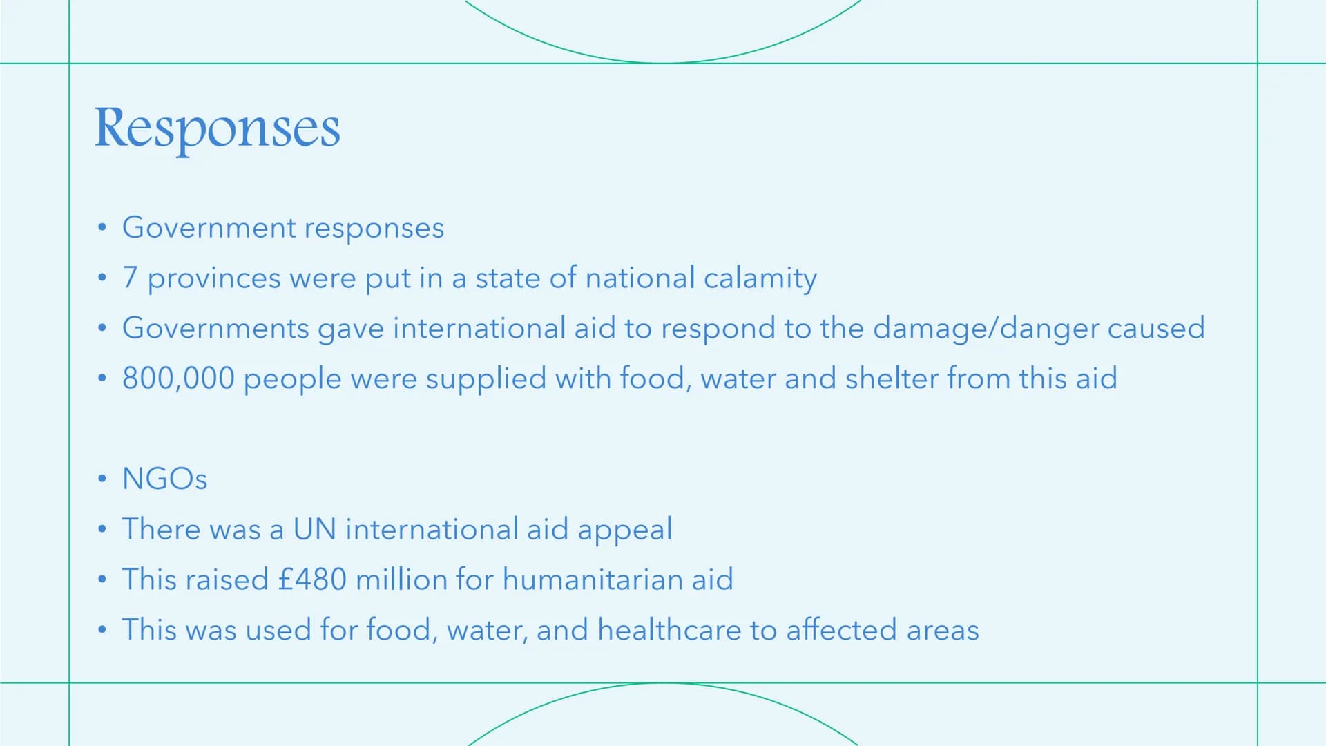 Typhoon Haiyan
2013, the Philippines (a developing country) Social Impacts
• Sanitation
●
●
Water was polluted by the storm surge (7m waves)