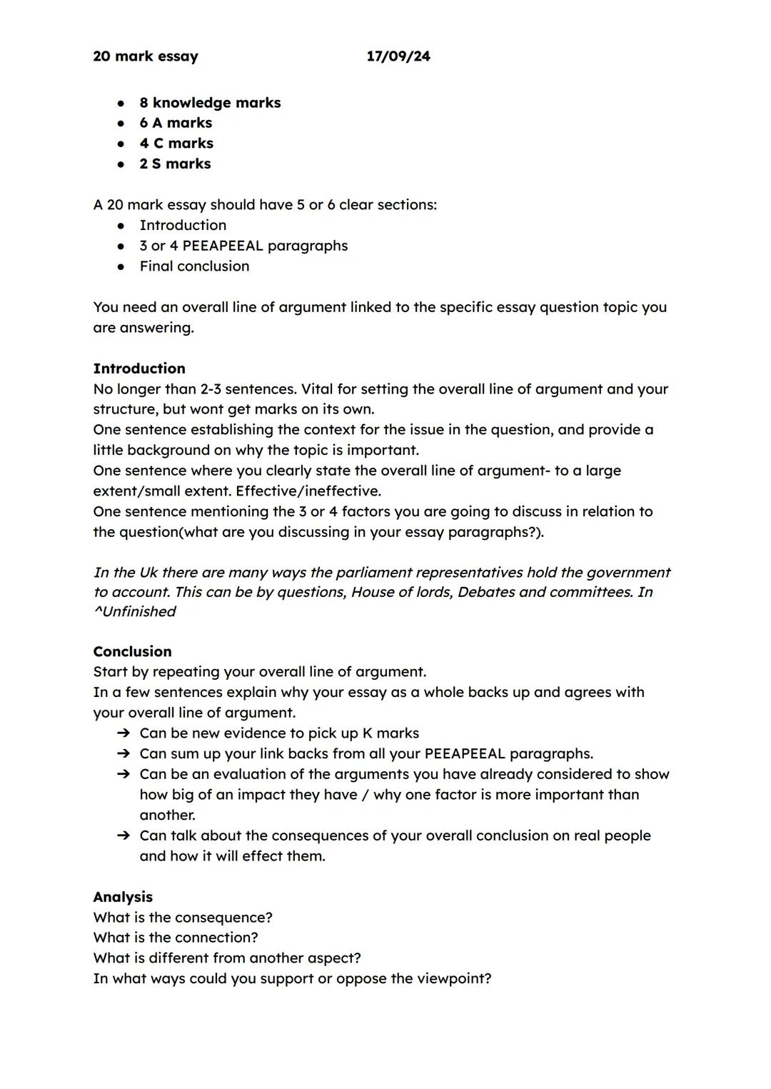 20 mark essay
•
8 knowledge marks
•
6 A marks
4 C marks
•
2 S marks
17/09/24
A 20 mark essay should have 5 or 6 clear sections:
Introduction