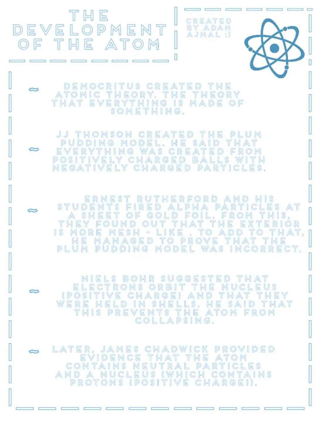 The timeline of the development and theories of the atom.