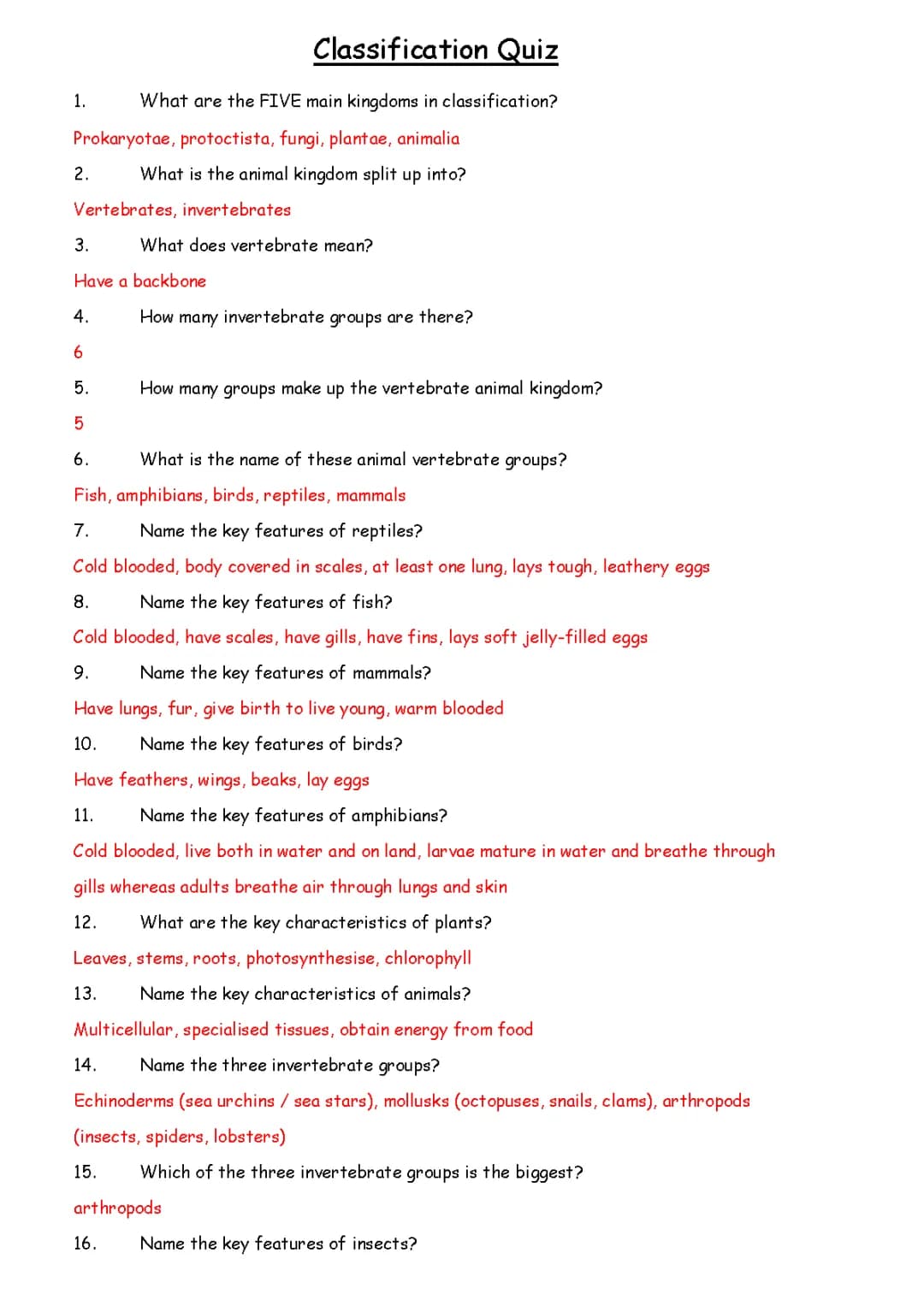 biology classification questions and answers