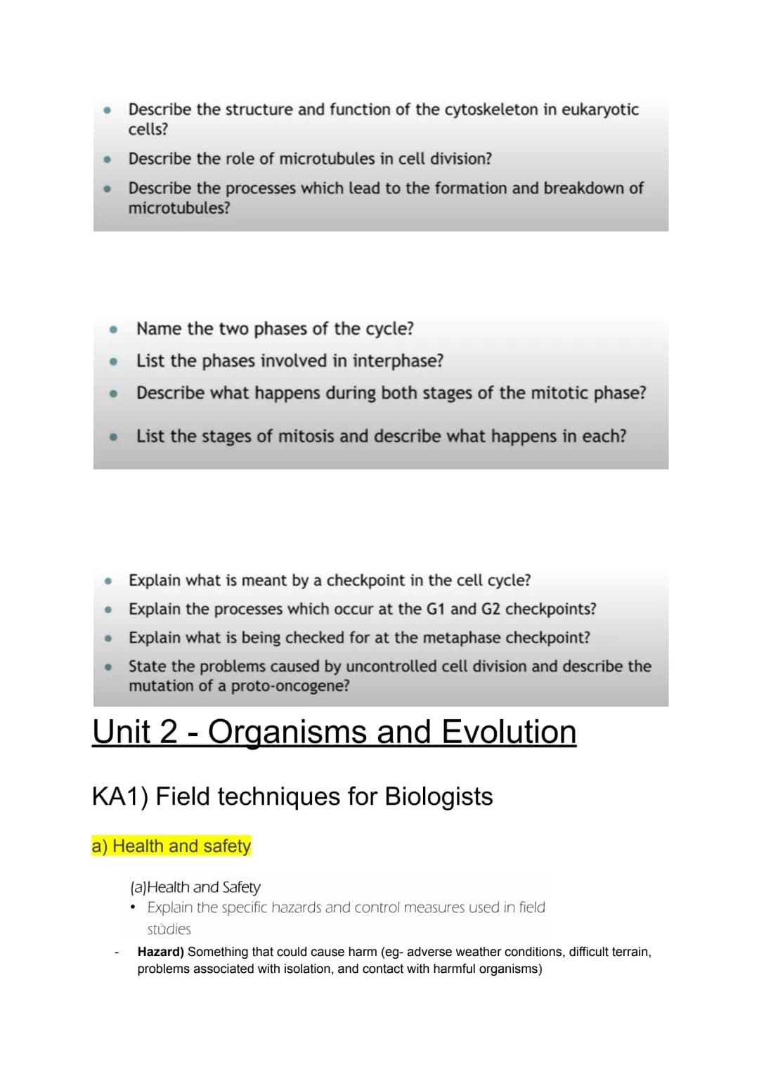 KA 5) Protein control of cell division
a) The cytoskeleton and cell division
• Describe the structure and function of the cytoskeleton in eu