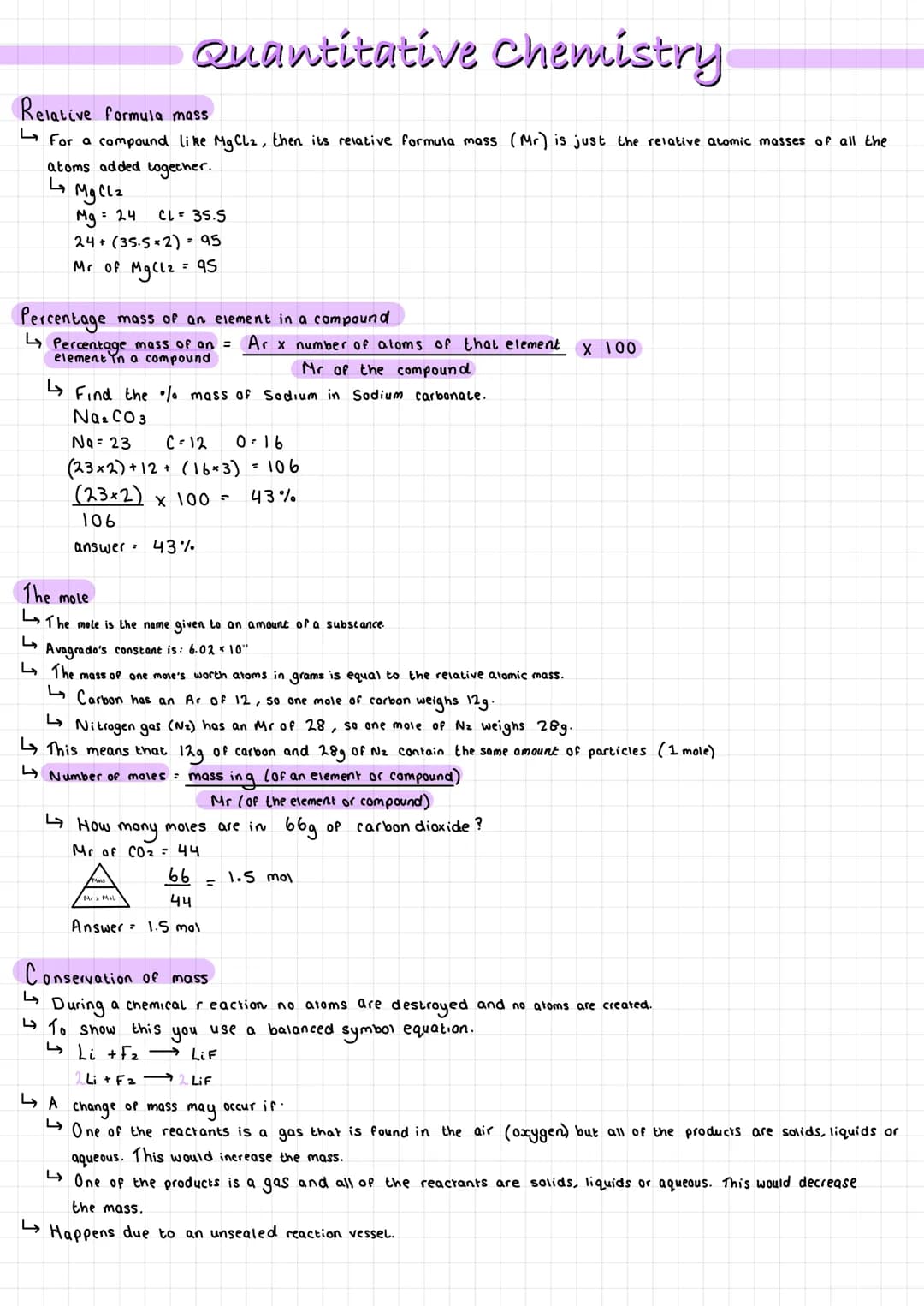 Quantitative Chemistry
Relative formula mass
For a compound like MgCl2, then its relative formula mass (Mr) is just the relative atomic mass