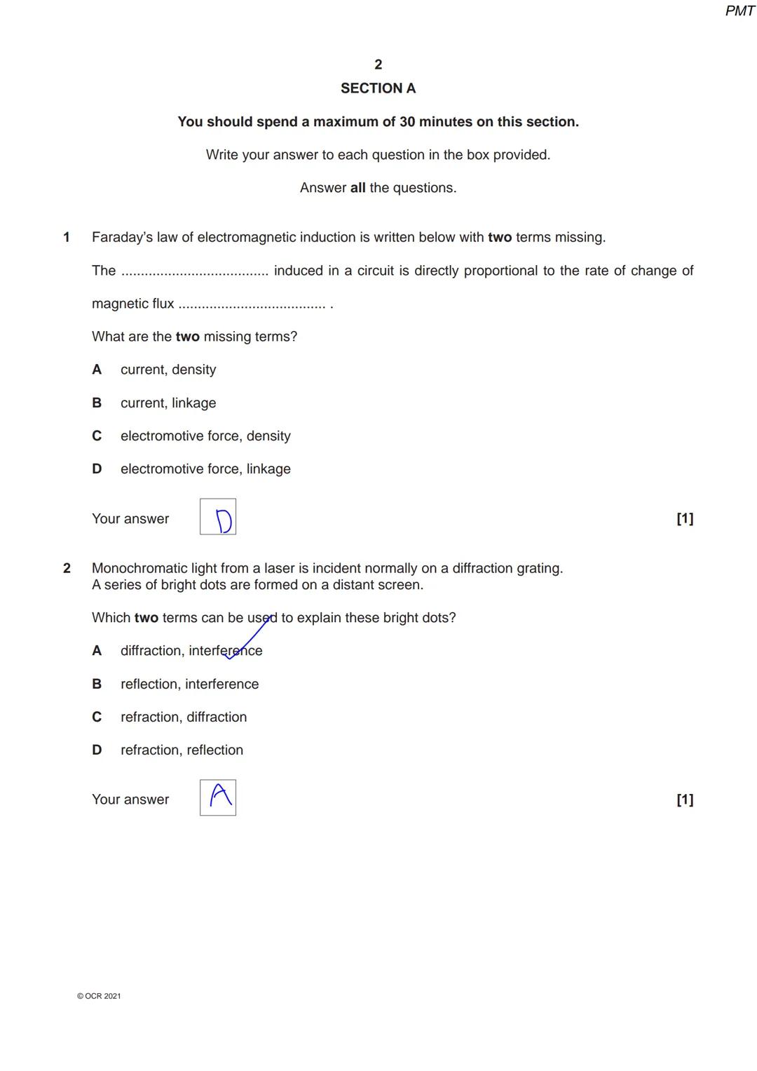 8334 36 45
OCR
Oxford Cambridge and RSA
Thursday 14 October 2021 - Morning
A Level Physics A
H556/02 Exploring physics
Time allowed: 2 hours