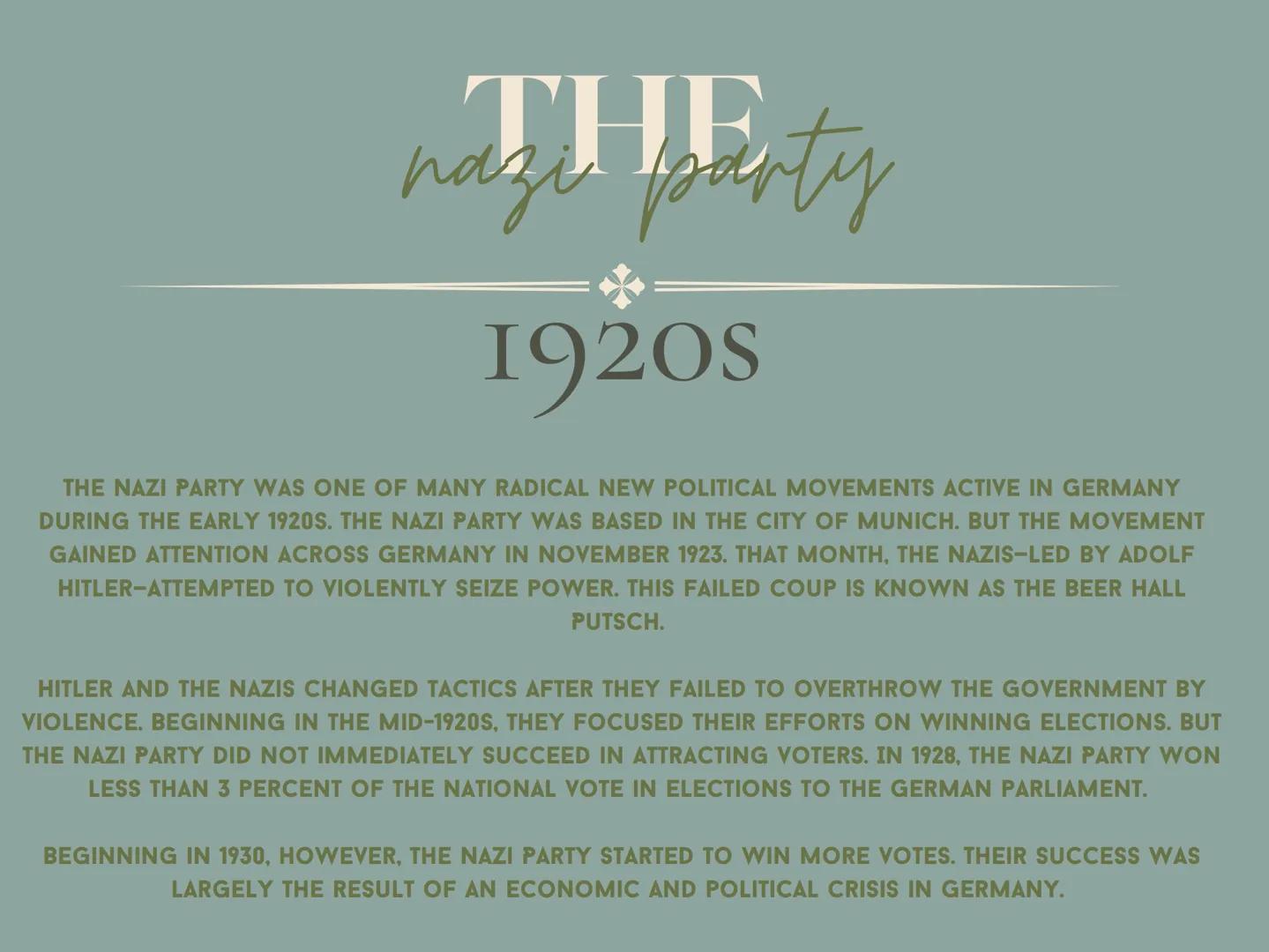 HITLER'S
rise to power
GAINING CHANCELLORSHIP
HITLER DEMANDED TO BE APPOINTED AS CHANCELLOR. GERMAN PRESIDENT PAUL VON HINDENBURG INITIALLY
