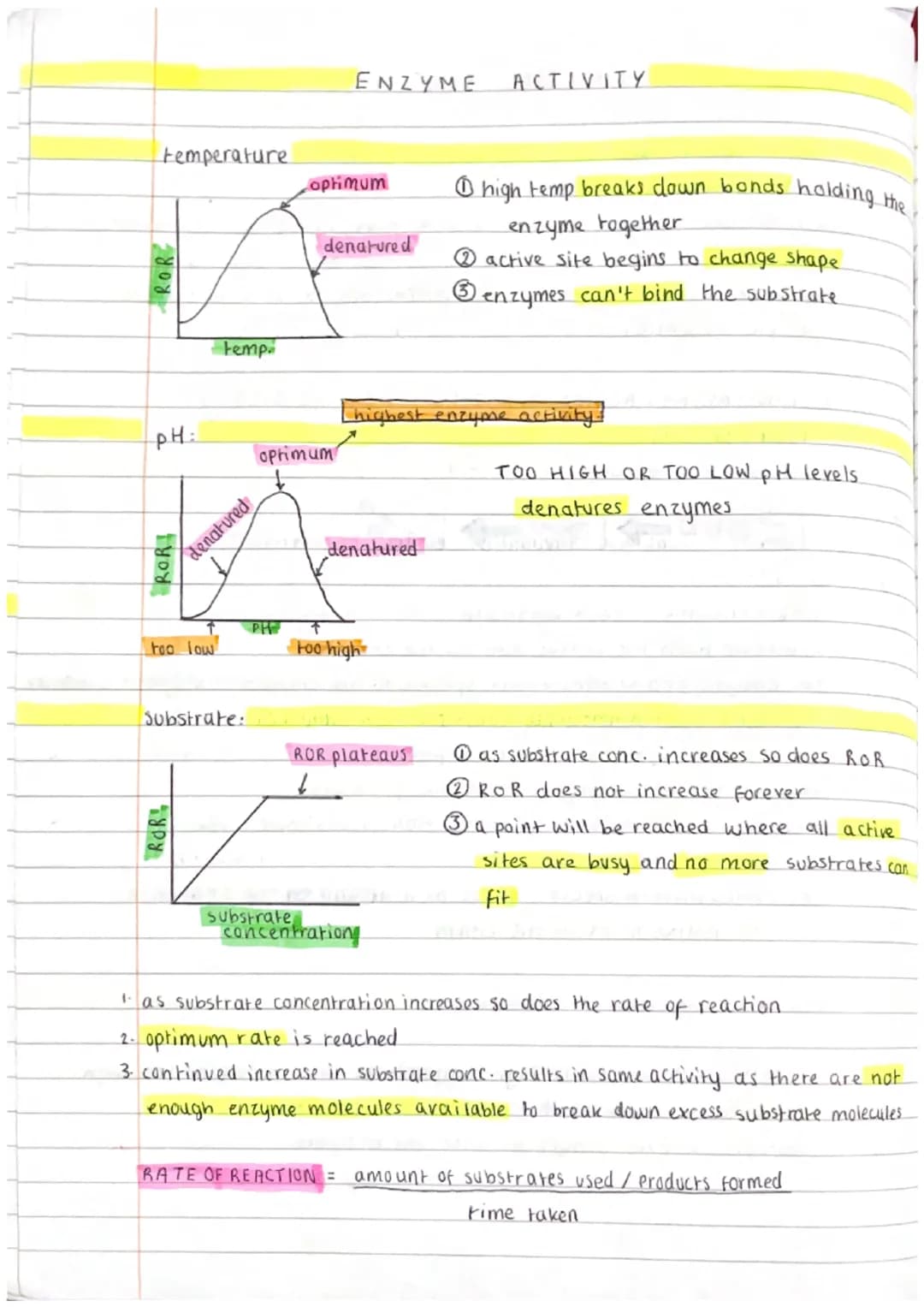 ENZYMES
Enzymes are proteins.
They are biological catalysts (speeds up ROR)
Catalysis by enzymes is important for life processes → reactions