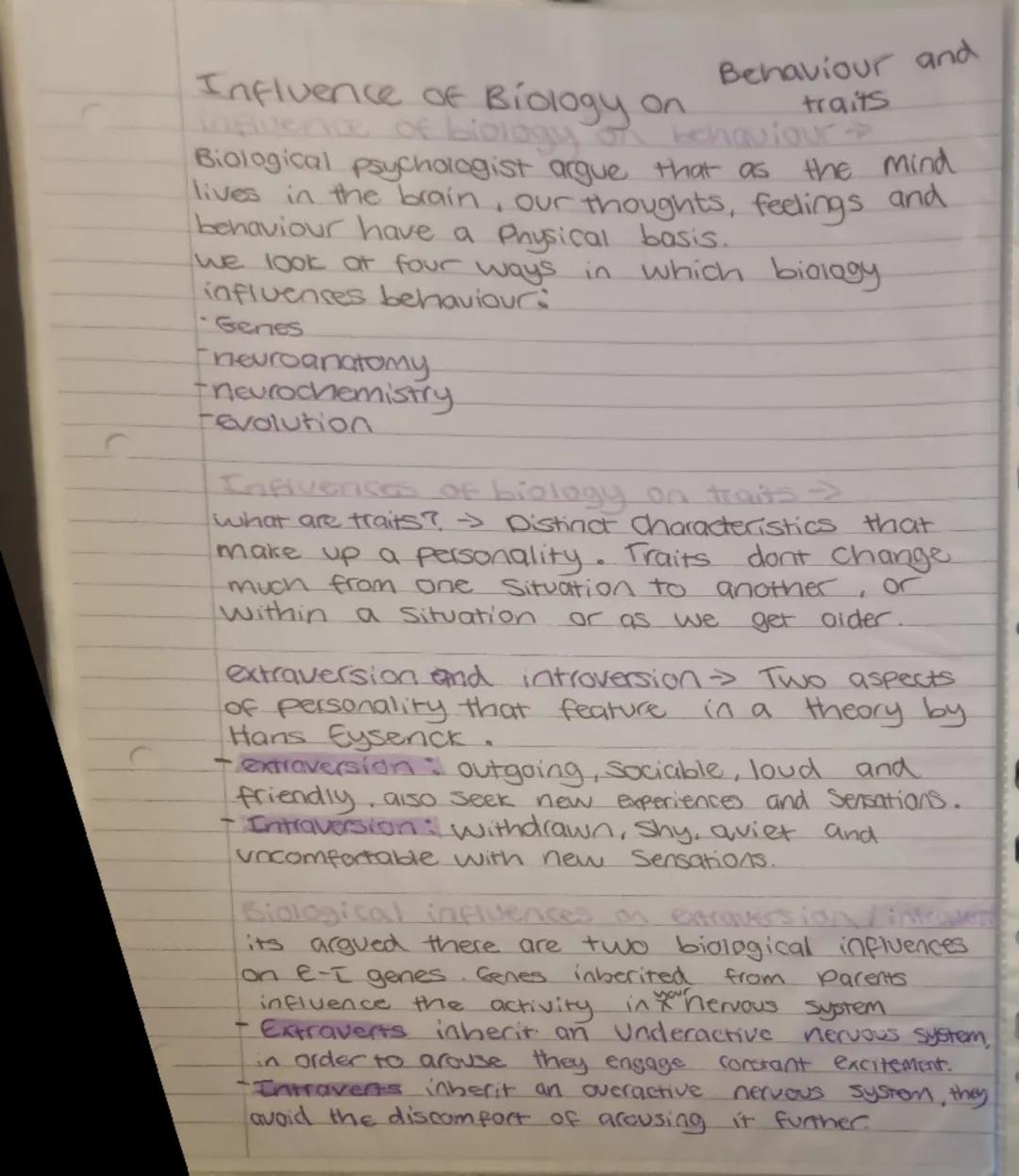 Influence of Biology on
Behaviour and
traits
ace of biology of behaviour
Biological psychologist argue that as the mind
lives in the brain, 