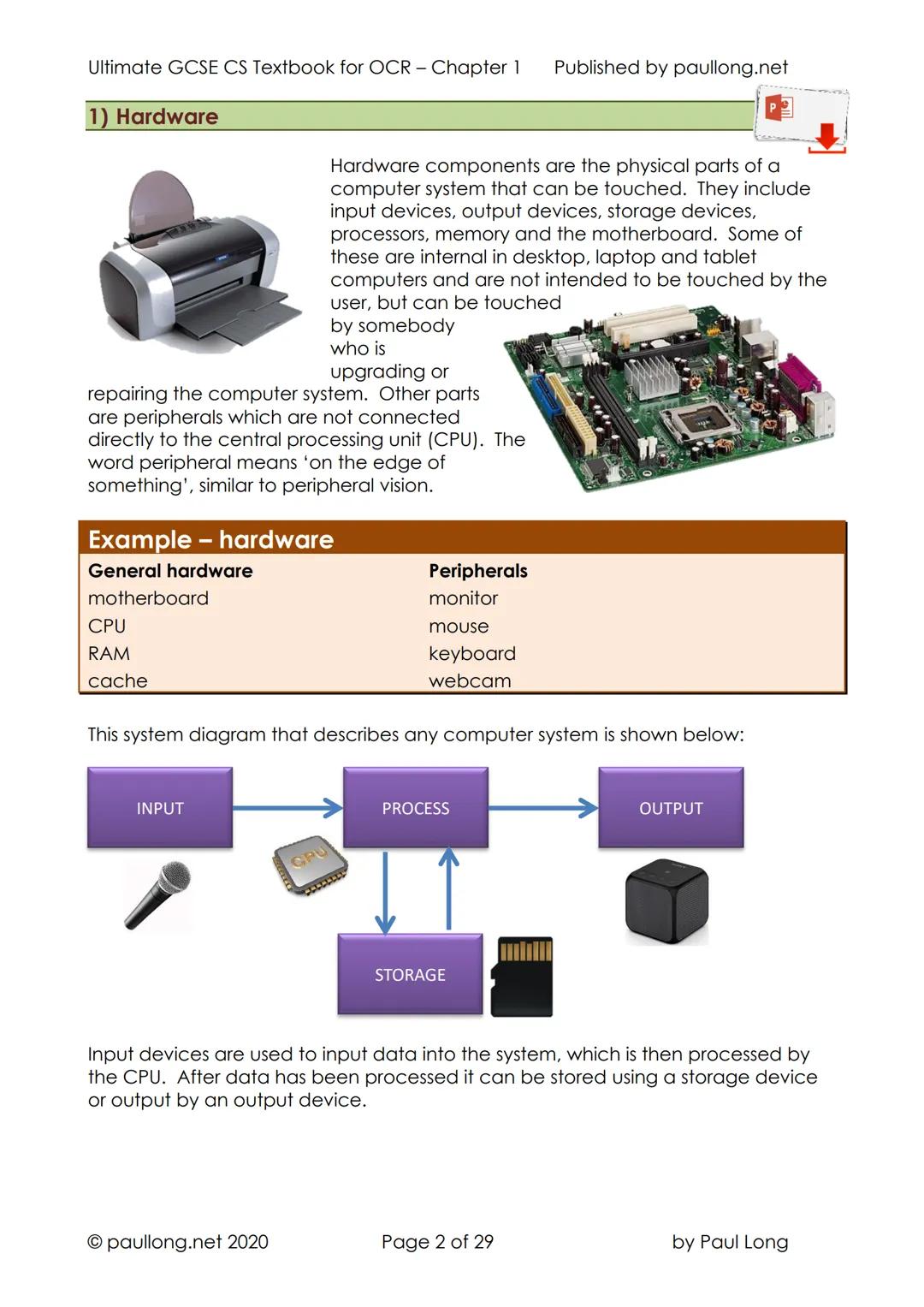 --- OCR Start ---
Ultimate GCSE CS Textbook for OCR - Chapter 1 Published by paullong.net
1 - Computer Hardware
Contents
Contents.
1
Hardwar