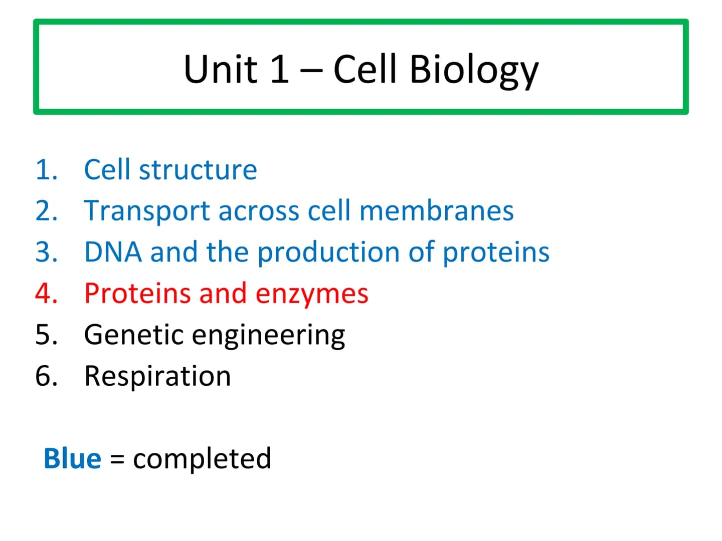N5 Unit 1 KA4
Proteins and Enzymes N5 biology course
1. Cell Biology
2. Multicellular Organisms
3. Life on Earth Unit 1 Cell Biology
1. Cell