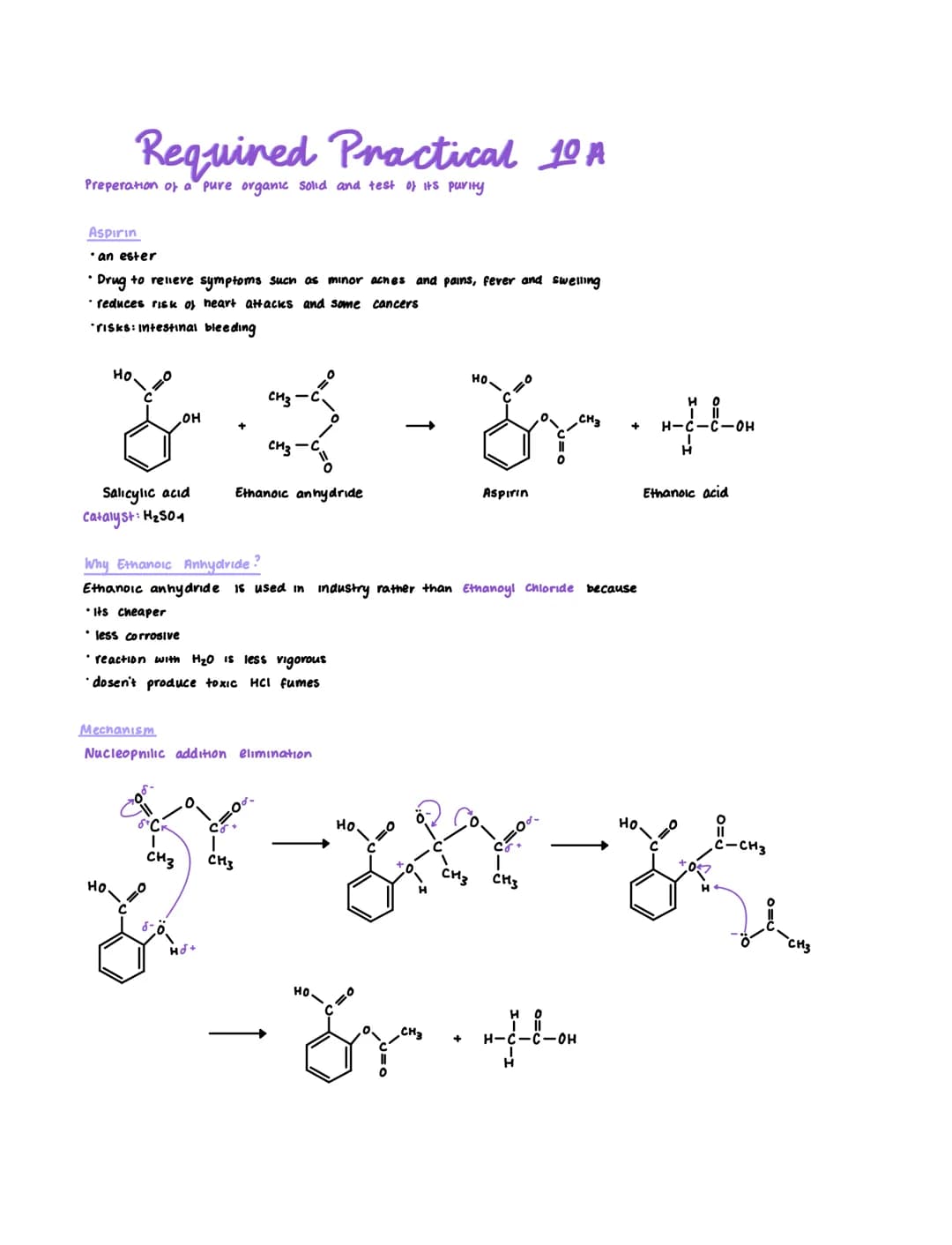 Preperation of a pure organic solid and test of its purity
Aspirin
• an ester
• Drug to relieve symptoms such as minor aches and pains, feve
