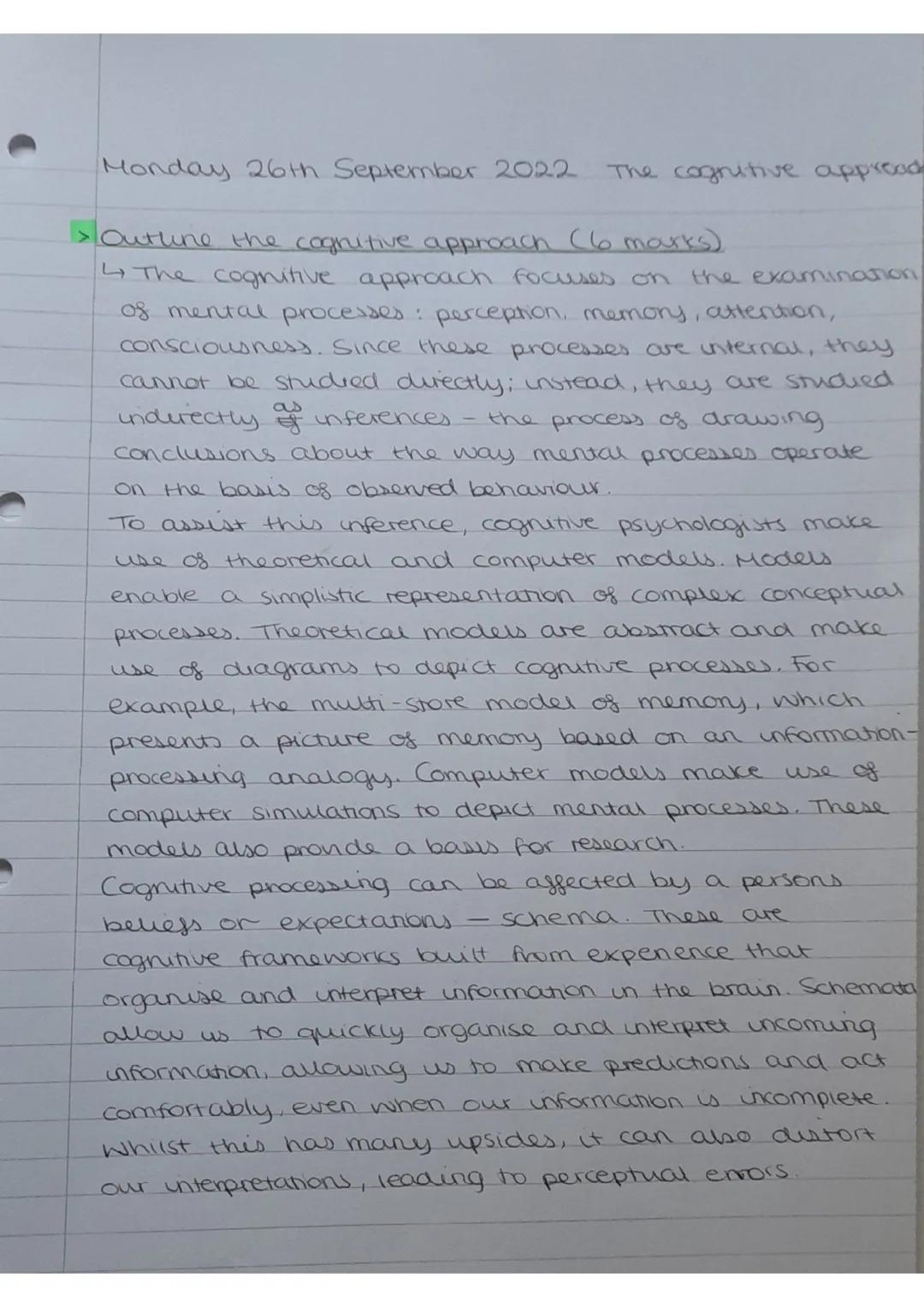 Sunday 25th September 2002 The cognitive approach

> Introduction:
↳ the cognitive approach is in direct contrast to the
behaviourist approa
