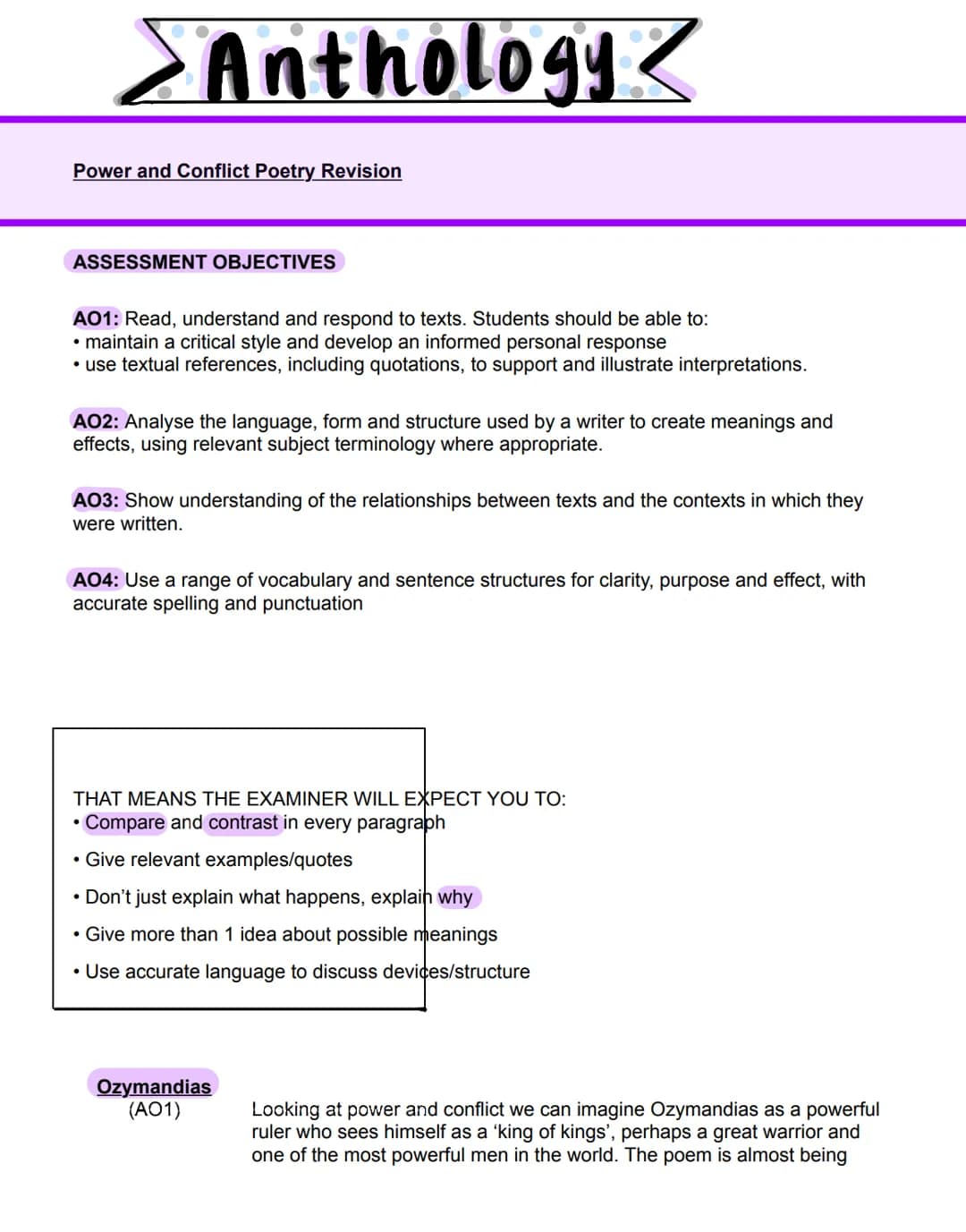 
<h2 id="assessmentobjectives">Assessment Objectives</h2>
<p>AO1: Read, understand and respond to texts. Students should be able to:</p>
<ul