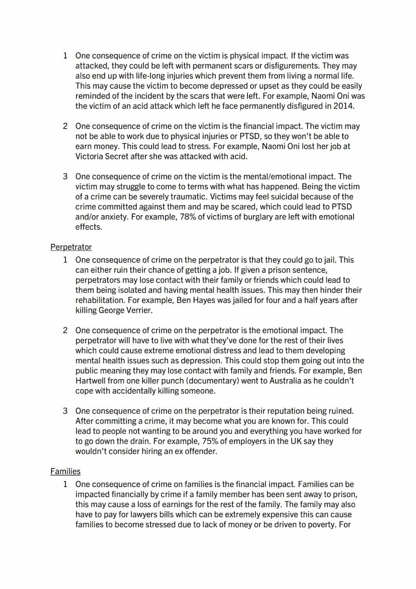 Crime and Law 'PEE' questions
Describe, in detail, 3 different types of crime//8
1 One type of crime is crimes and violence. These are crime