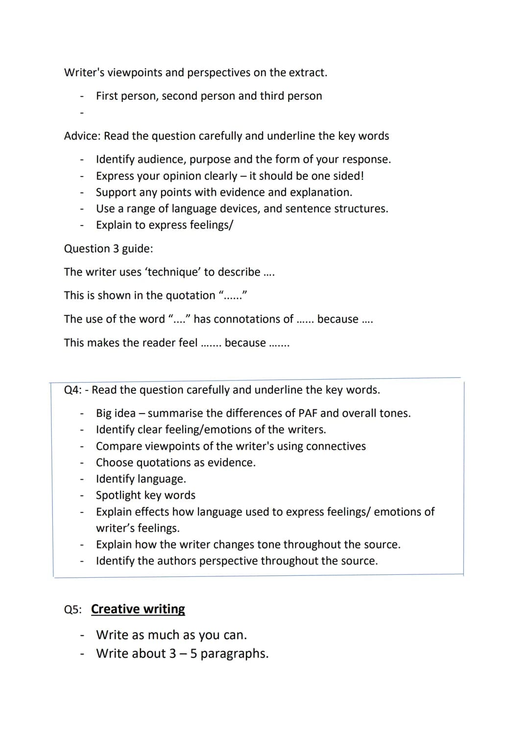 Language paper 1 revision:
The five senses: The five senses can be used creatively to set up your
scenes - this will easily give you 5 descr