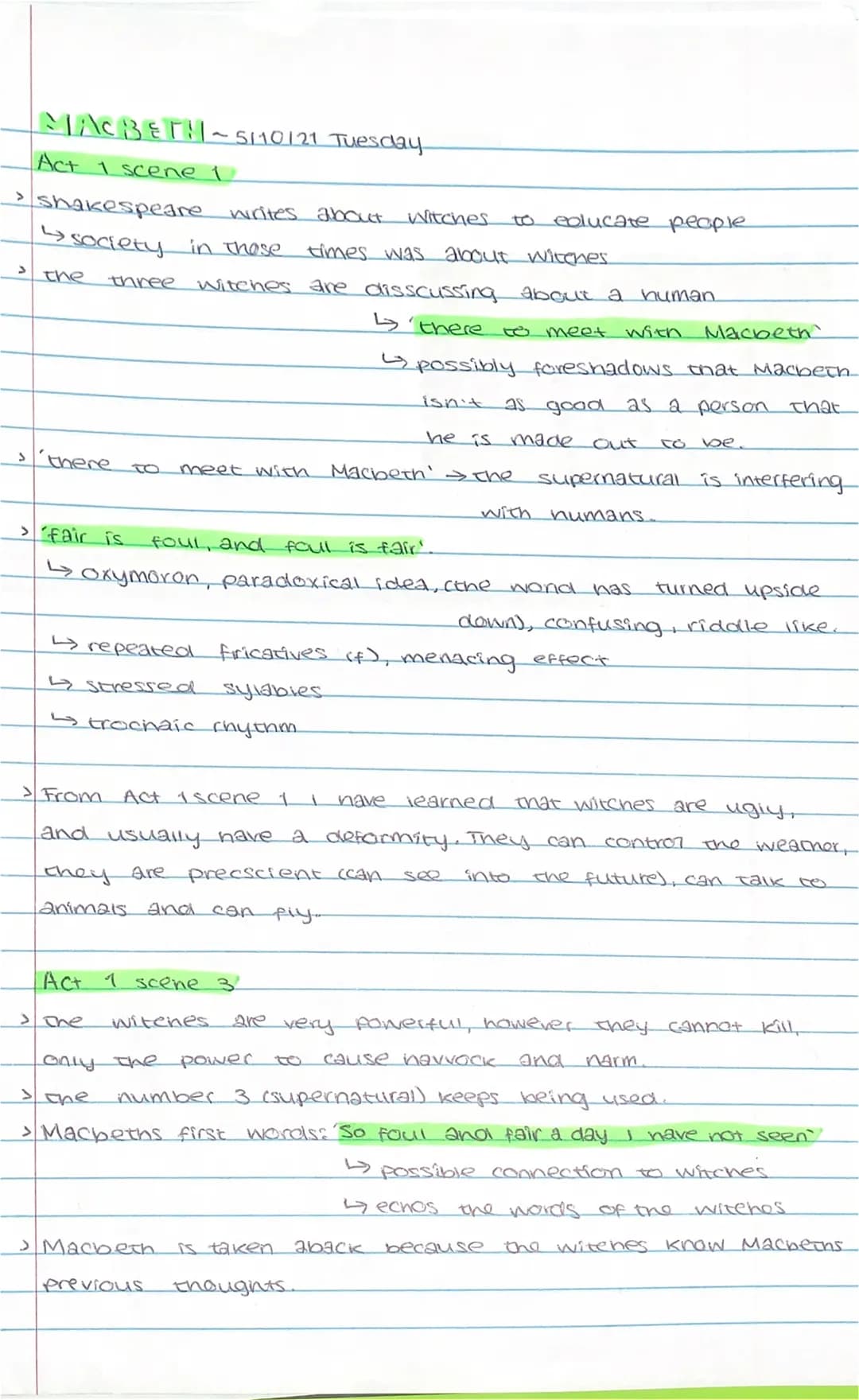 > Shakespeare writes about Witches
↳society in those times was about
>
MACBETH 5/10/21 Tuesday
Act 1 scene 1
S
the
there
witches.
three Witc