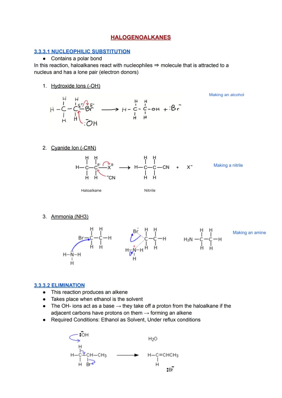 3.3.3.1 NUCLEOPHILIC SUBSTITUTION
Contains a polar bond
In this reaction, haloalkanes react with nucleophiles molecule that is attracted to 