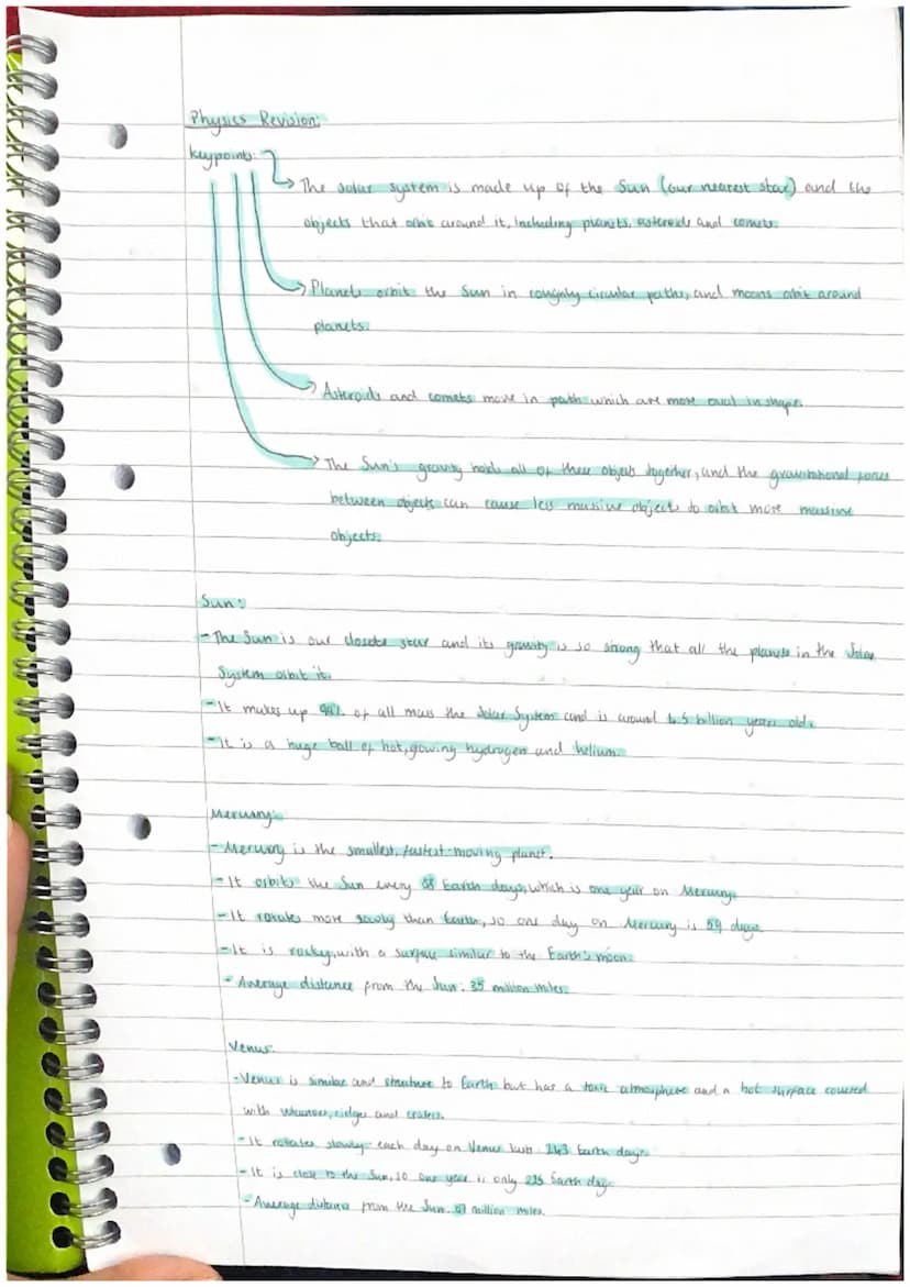 of lot
Physics Revision:
key points.
<> The solar system is made up of the Sun (our nearest star) and the
objects that ochic around it, incl