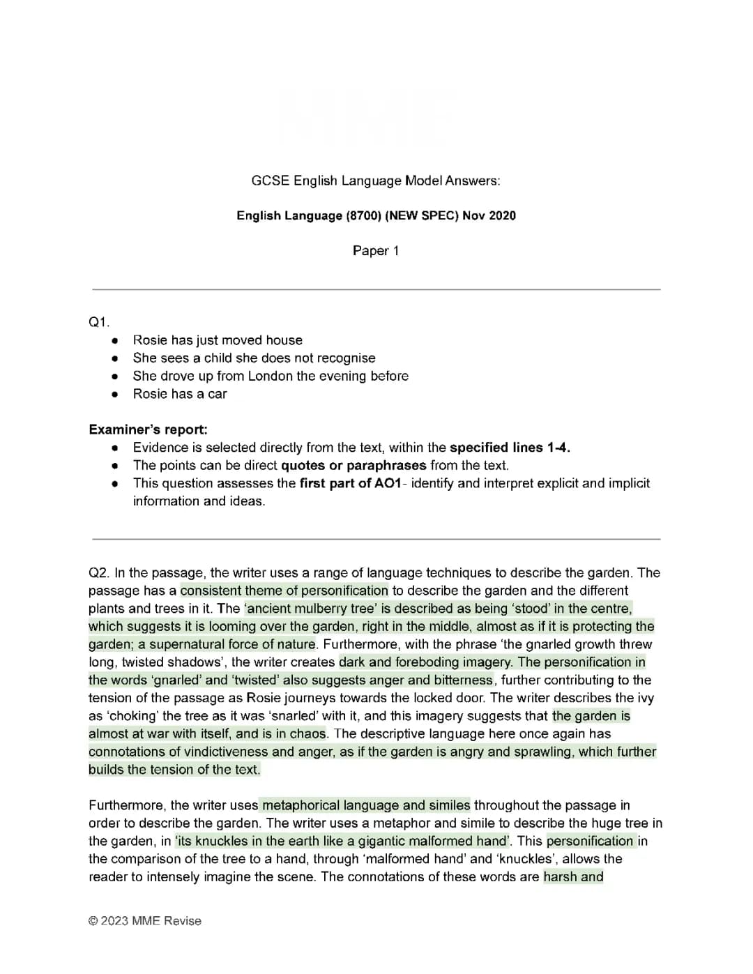 2020 English Language Paper 1 GCSE Model Answers AQA PDF