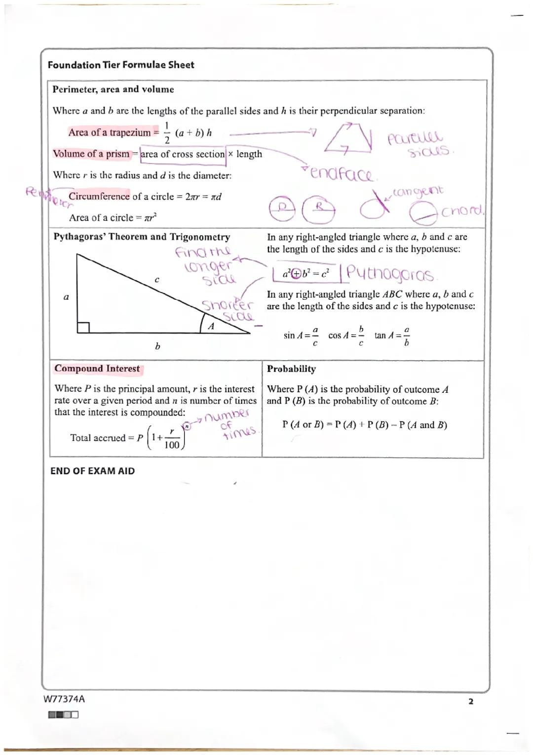 Maths exam formulae sheet help edexcel