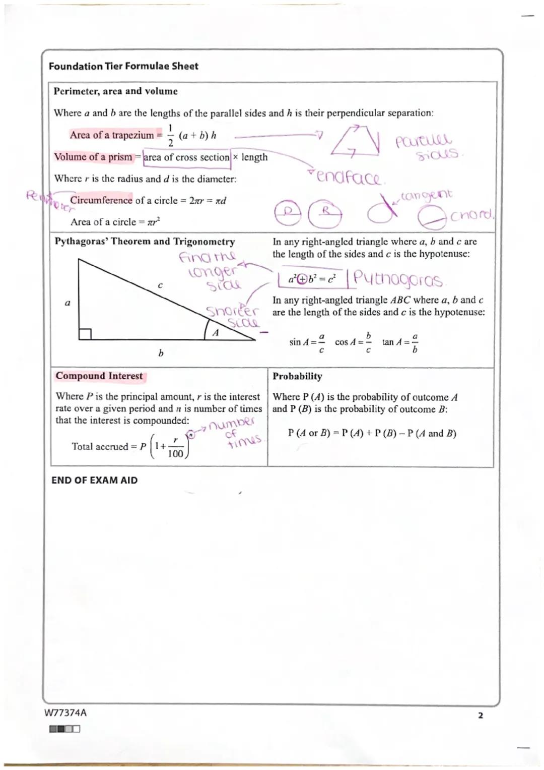 Foundation Tier Formulae Sheet
Perimeter, area and volume
Where a and b are the lengths of the parallel sides and h is their perpendicular s