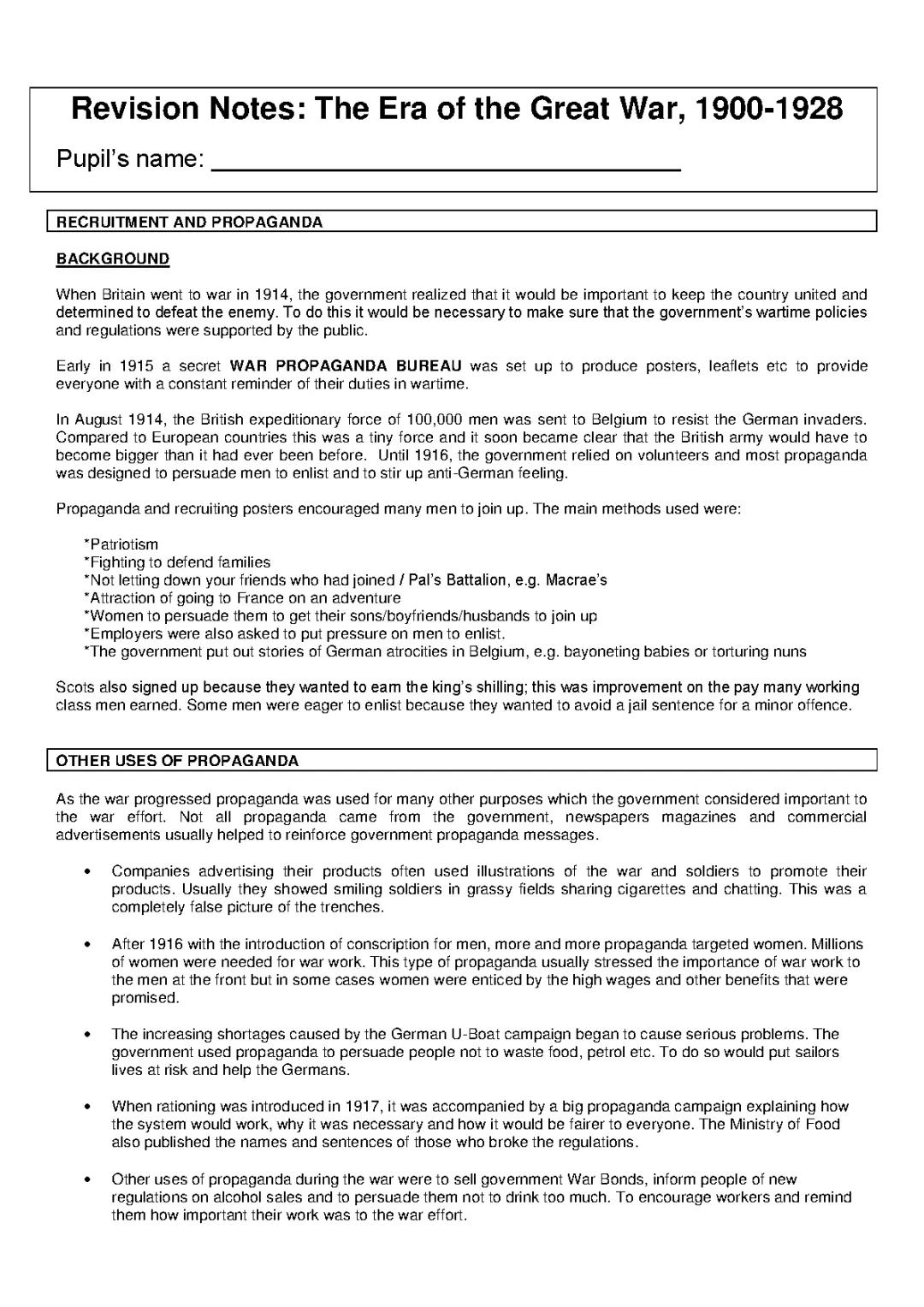 nat5 WW2 the era of the Great War revision notes