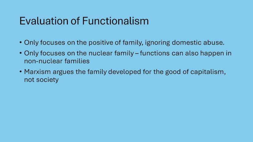 AQA - Family
Covering: functionalism, new right, Marxism, feminism, gender and
domestic labour, postmodernism, personal life, marriage & div