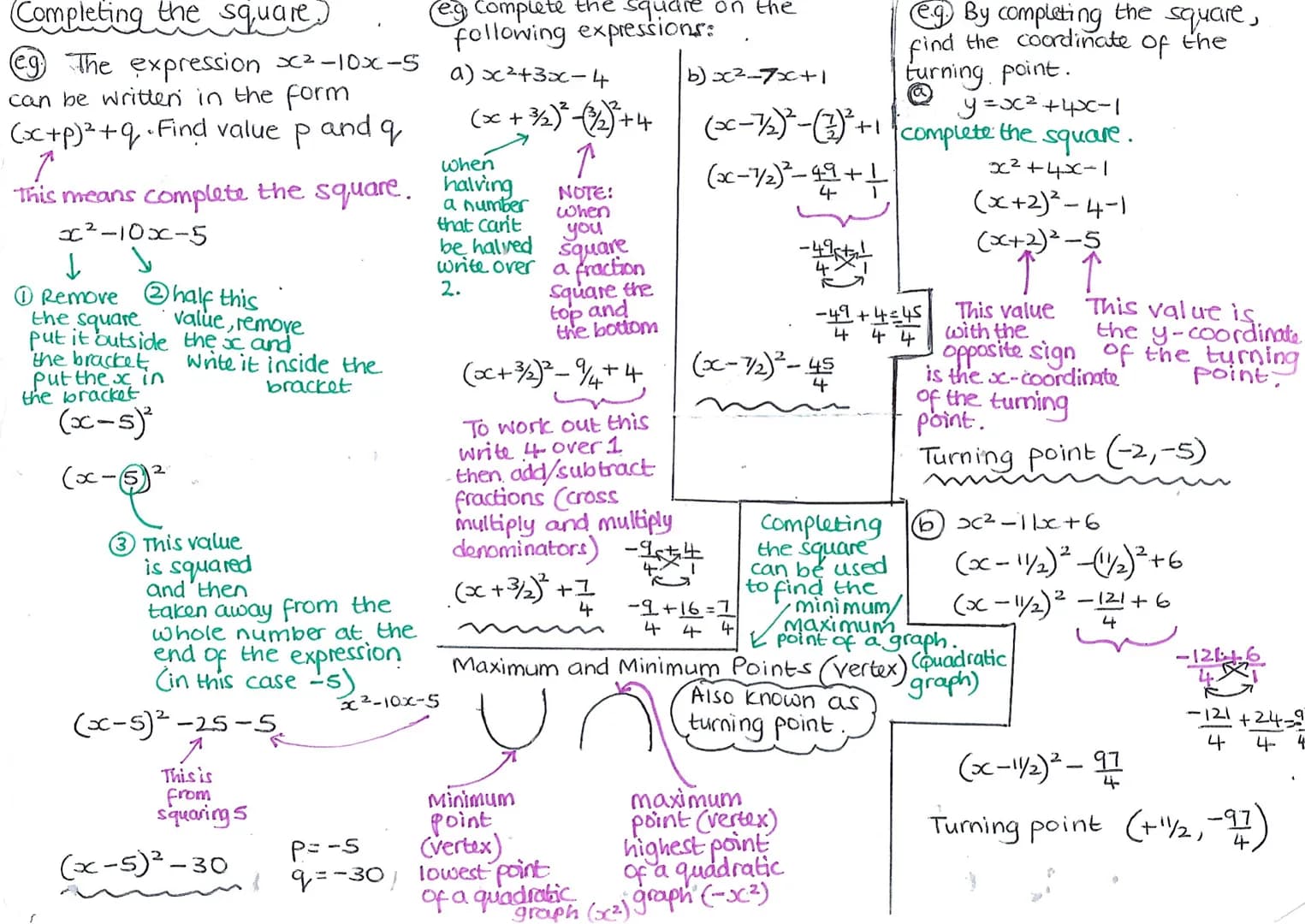 Completing the square)
(e.q The expression x²-10x-5
can be written in the form
(x+p)² +9 Find value p and q
This means complete the square.
