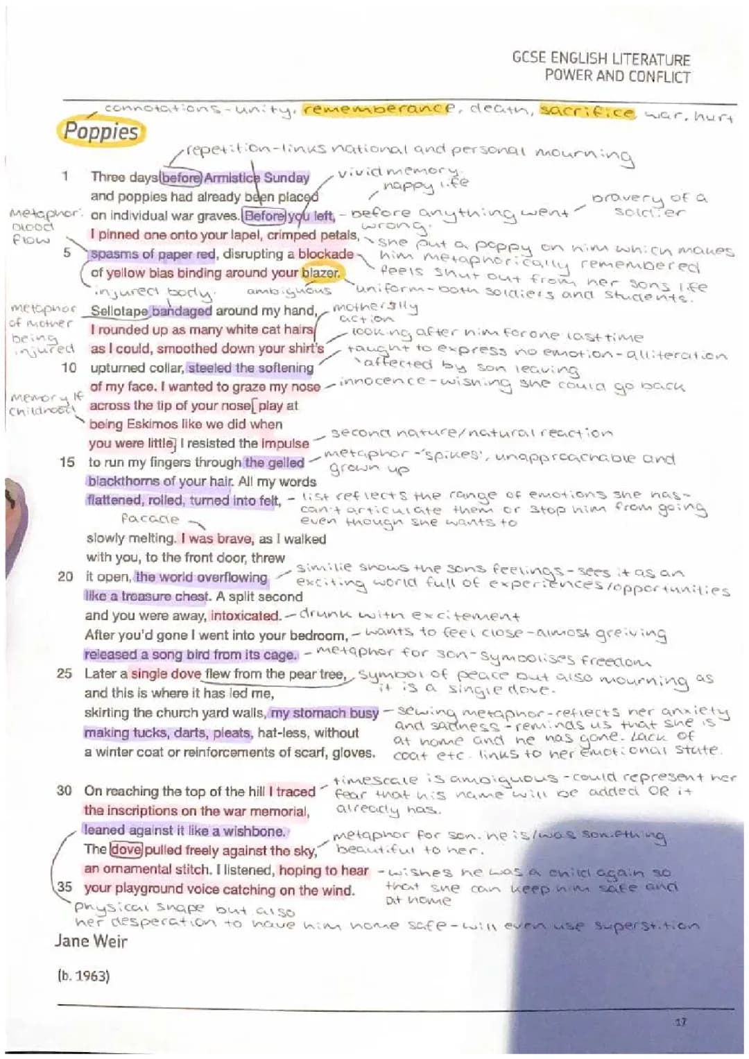 Poetry - Poppies (GCSE, AQA) annotated poem