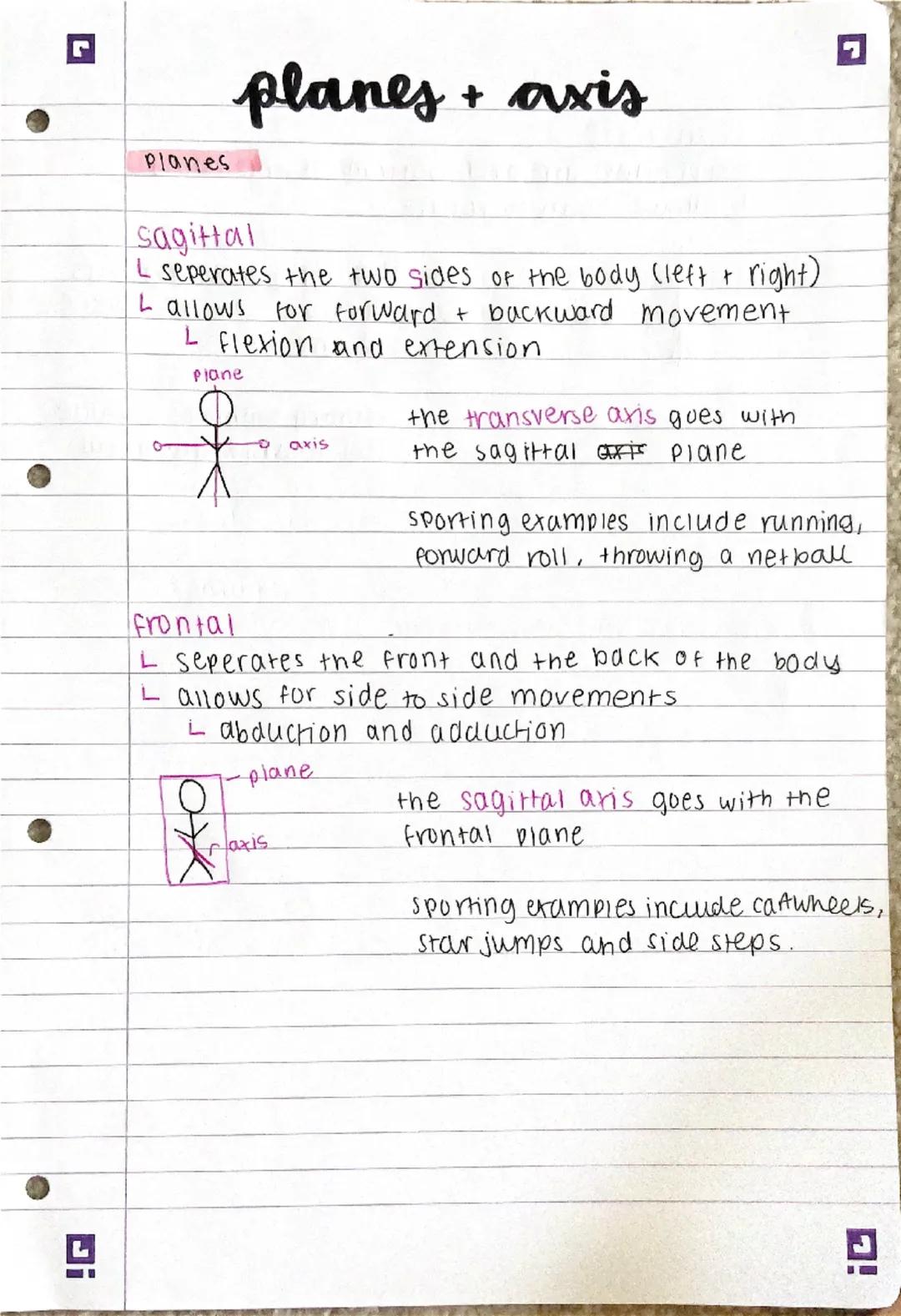# planes + axis

Planes

Sagital
- seperates the two sides of the body (left + right)
- allows for forward + backward movement
- flexion and