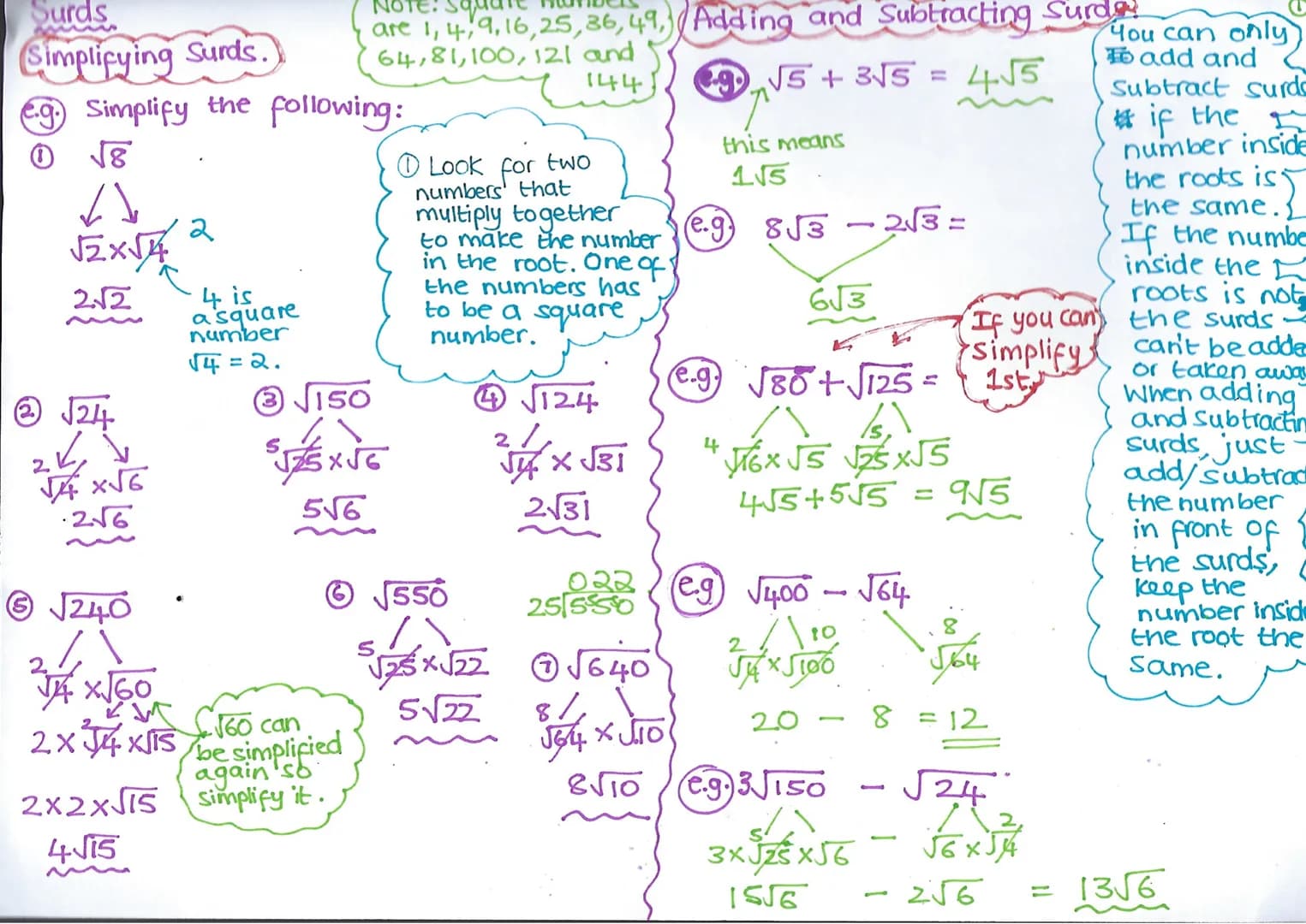 Surds
Simplifying Surds.
e.g.) Simplify the following:
0 √√8
A
√2x√4
2√2
√24
2
√4 x√6
.2√6
√240
JA
2
4 is
a square
number
x√60
X4 XS
2x2x√15