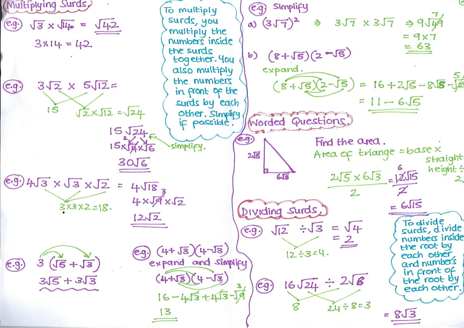 Surds
Simplifying Surds.
e.g.) Simplify the following:
0 √√8
A
√2x√4
2√2
√24
2
√4 x√6
.2√6
√240
JA
2
4 is
a square
number
x√60
X4 XS
2x2x√15