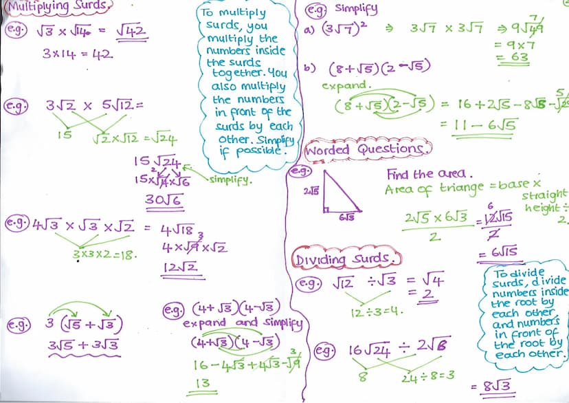 Surds
Simplifying Surds.
e.g.) Simplify the following:
0 √√8
A
√2x√4
2√2
√24
2
√4 x√6
.2√6
√240
JA
2
4 is
a square
number
x√60
X4 XS
2x2x√15