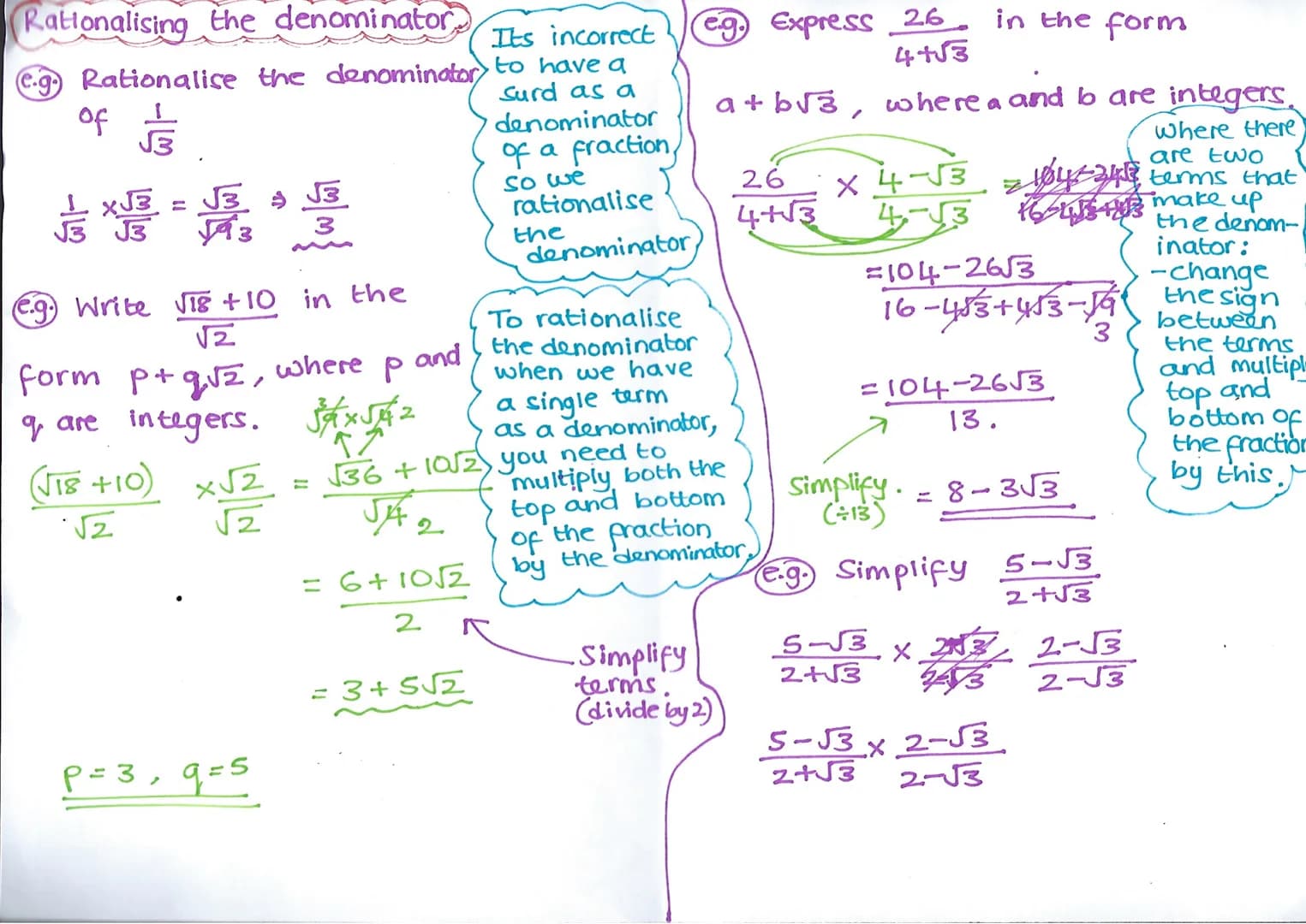 Surds
Simplifying Surds.
e.g.) Simplify the following:
0 √√8
A
√2x√4
2√2
√24
2
√4 x√6
.2√6
√240
JA
2
4 is
a square
number
x√60
X4 XS
2x2x√15