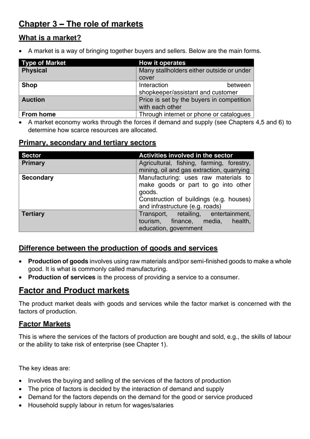 Chapter 3- The role of markets
What is a market?
A market is a way of bringing together buyers and sellers. Below are the main forms.
Type o