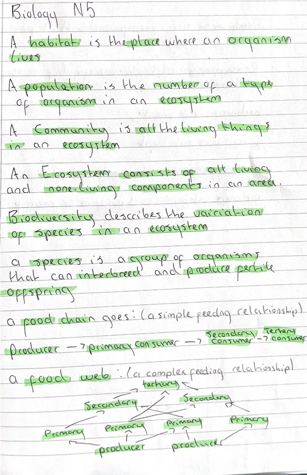 Biology N5
A habitat is the place where an organism
Lives
A population is the number of a type
of organism in an ecosystem
A Community is al