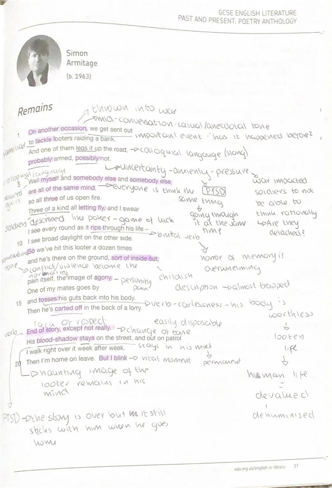 
<p>Simon Armitage, born in 1963, is the poet behind the remains poem. This poem is characterized by a mid-conversation casual and anecdotal