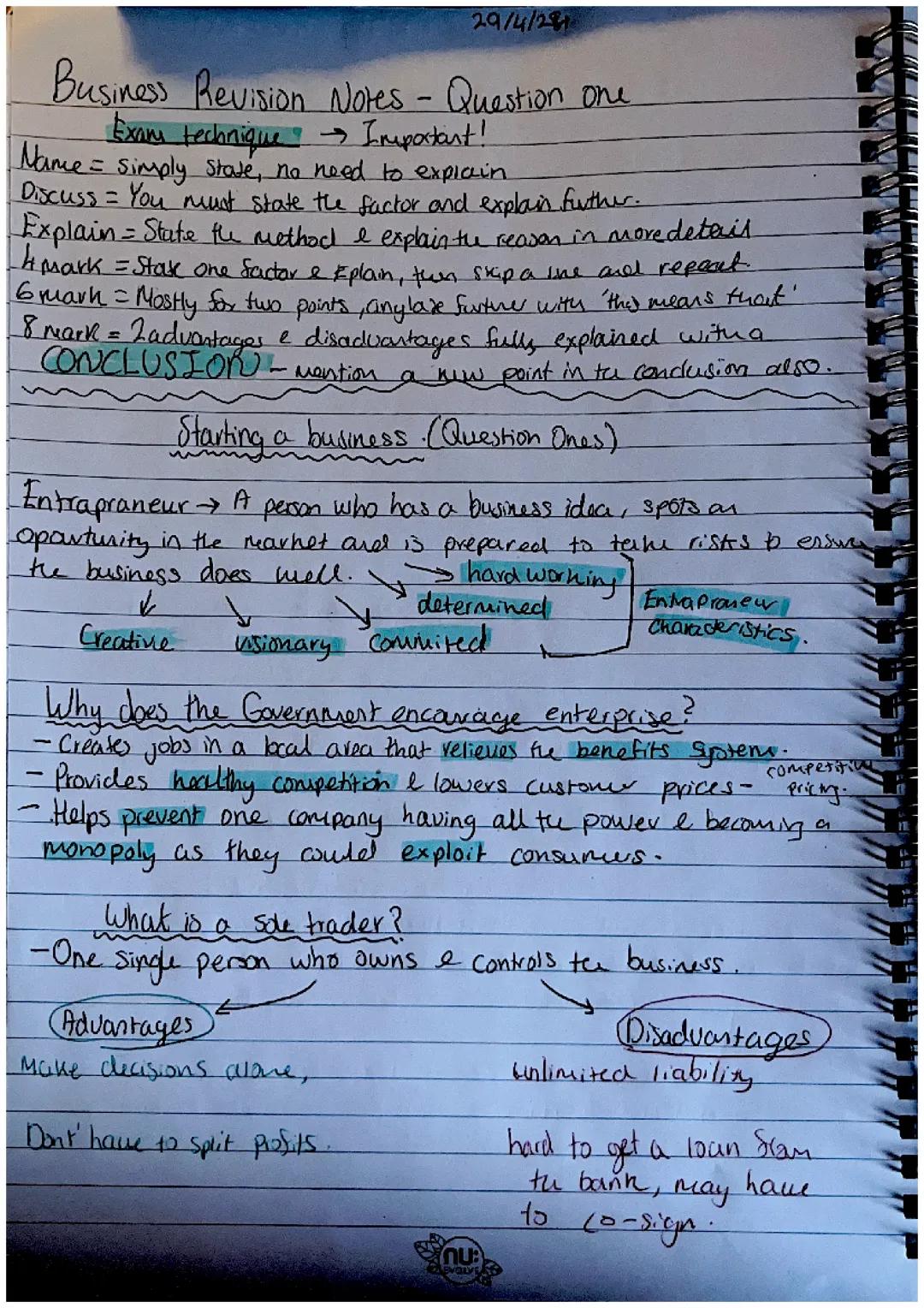 BUSINESS STUDIES (unit 1) CCEA (creating a business all question ones.)