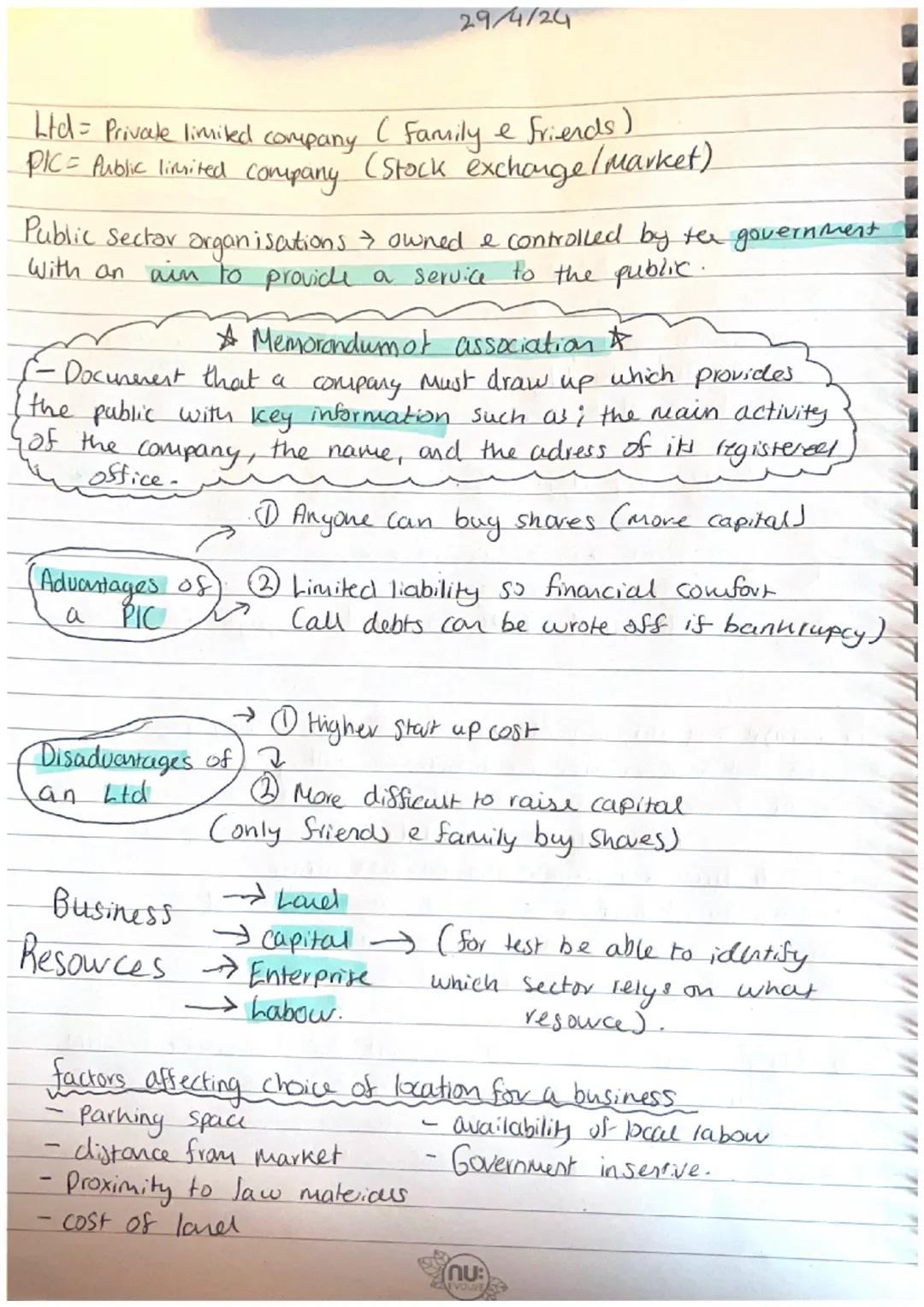29/4/281
Business Revision Notes - Question one
Exam technique Important!
Name = simply state, no need to explain
Discuss = You must state t