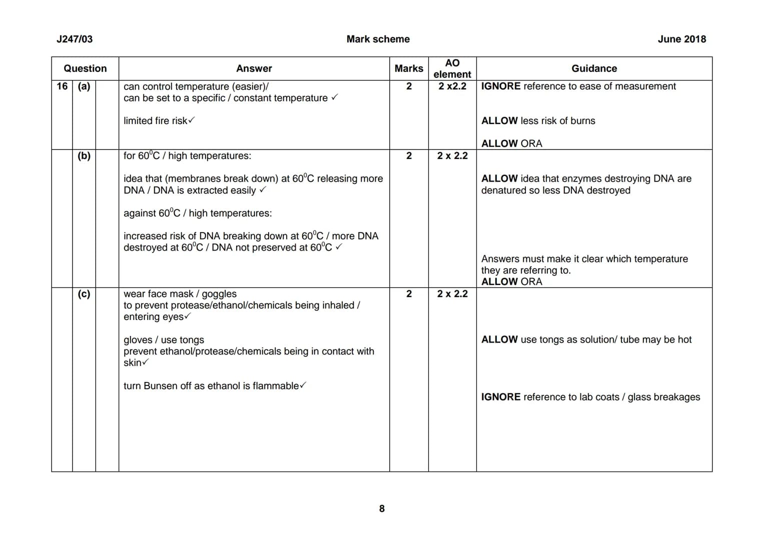 OCR
Oxford Cambridge and RSA
GCSE
Biology A
Unit J247H/03: Higher Tier- Paper 3
General Certificate of Secondary Education
Mark Scheme for J