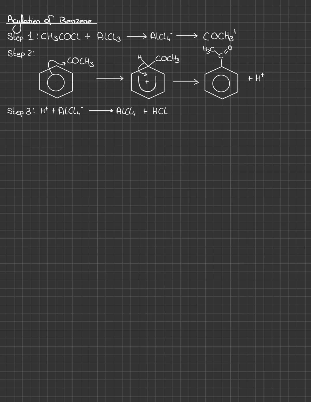 Benzene Mechanisms
Nitration of Benzene
Conditions Soc
H₂804 Catalyst (Conc.)
Step 1: H₂SO4 + HNO3
Step 2:
→NO₂+
Step 3
Step 3: HSO₂ + Ht
Ha