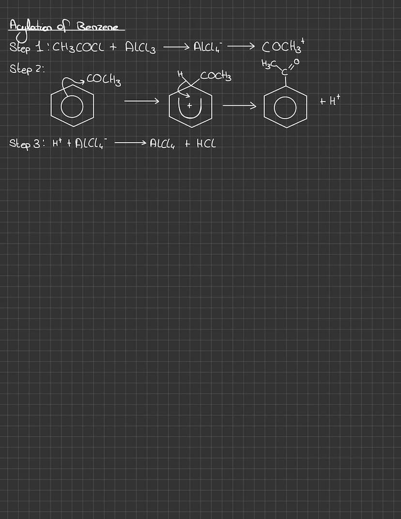 Benzene Mechanisms
Nitration of Benzene
Conditions Soc
H₂804 Catalyst (Conc.)
Step 1: H₂SO4 + HNO3
Step 2:
→NO₂+
Step 3
Step 3: HSO₂ + Ht
Ha