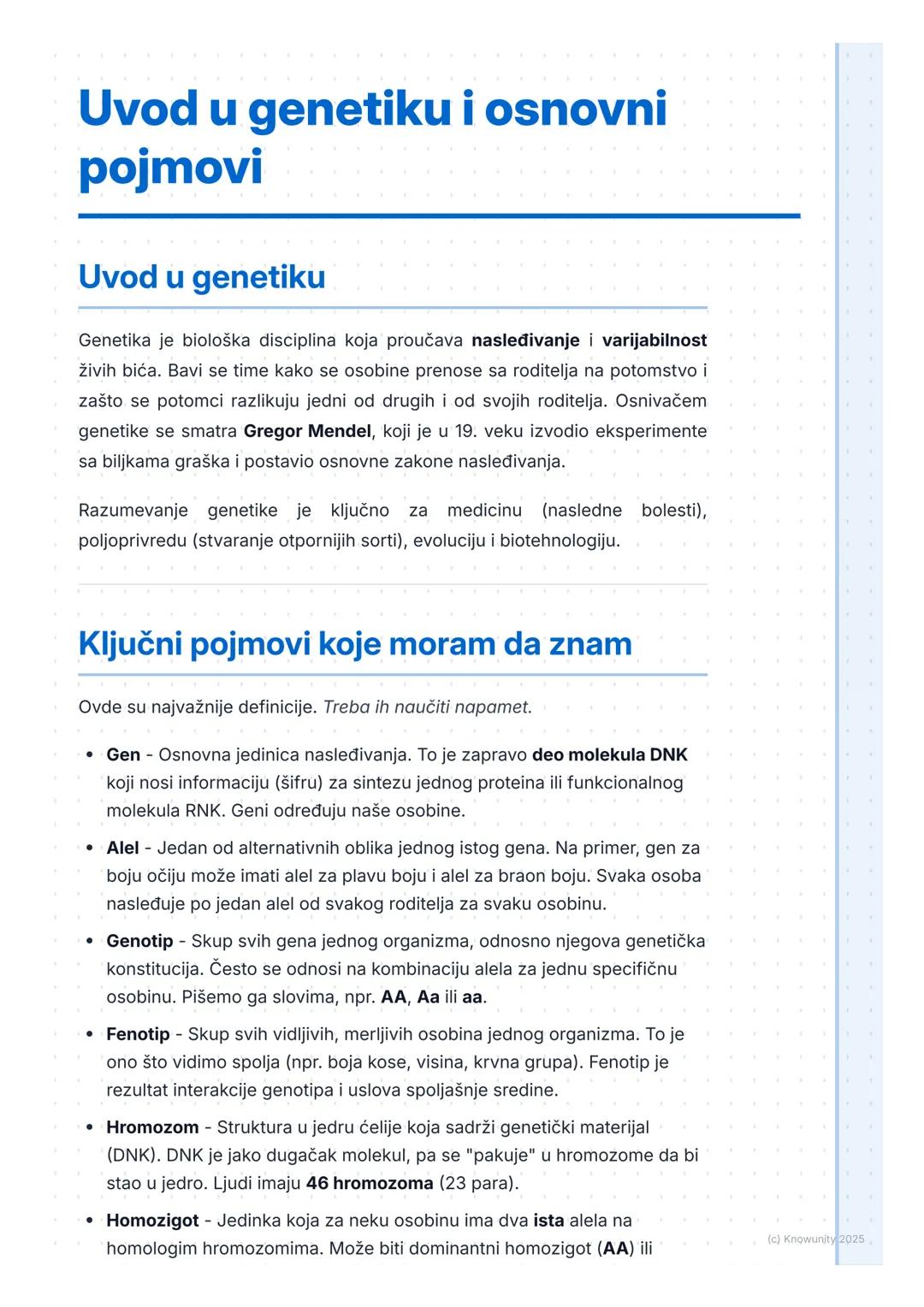 # Uvod u genetiku i osnovni
pojmovi

## Uvod u genetiku

Genetika je biološka disciplina koja proučava nasleđivanje i varijabilnost
živih bi