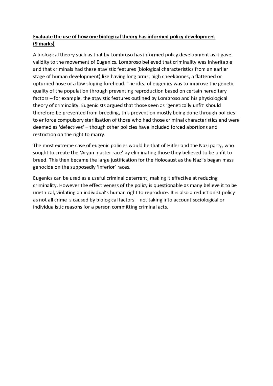 biological, individualistic and sociological theories used to inform policy development - exam model answers