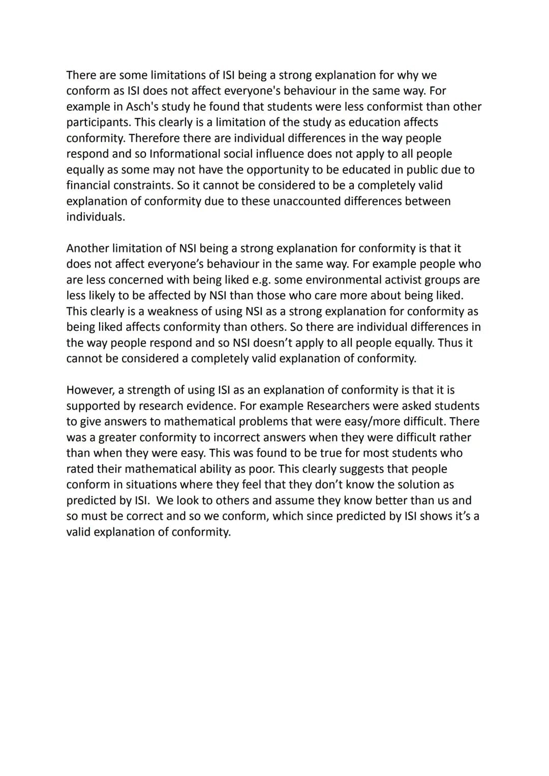 Essay 1: Describe and evaluate ISI (informative social influence) and NSI
(normative social influence) as explanations for conformity
One ex