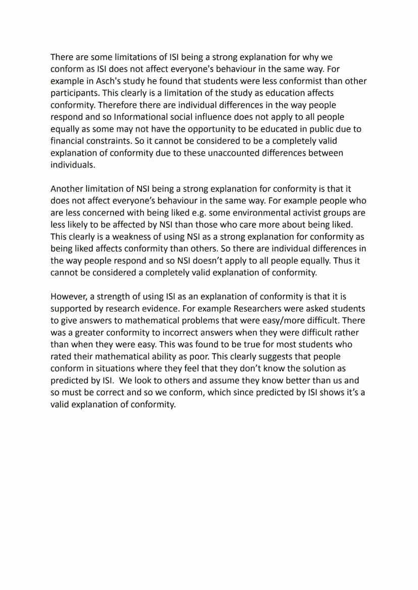 Essay 1: Describe and evaluate ISI (informative social influence) and NSI
(normative social influence) as explanations for conformity
One ex