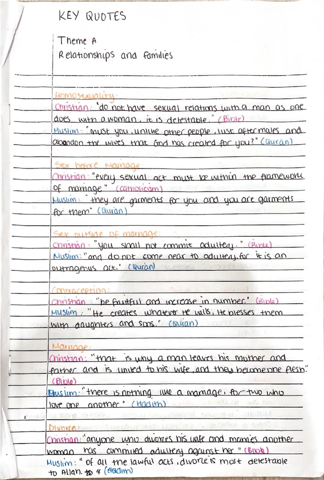 KEY QUOTES
Theme A
Relationships and families
Homosexuality:
Christian: "do not have sexual relations with a man as one
does with a woman, i