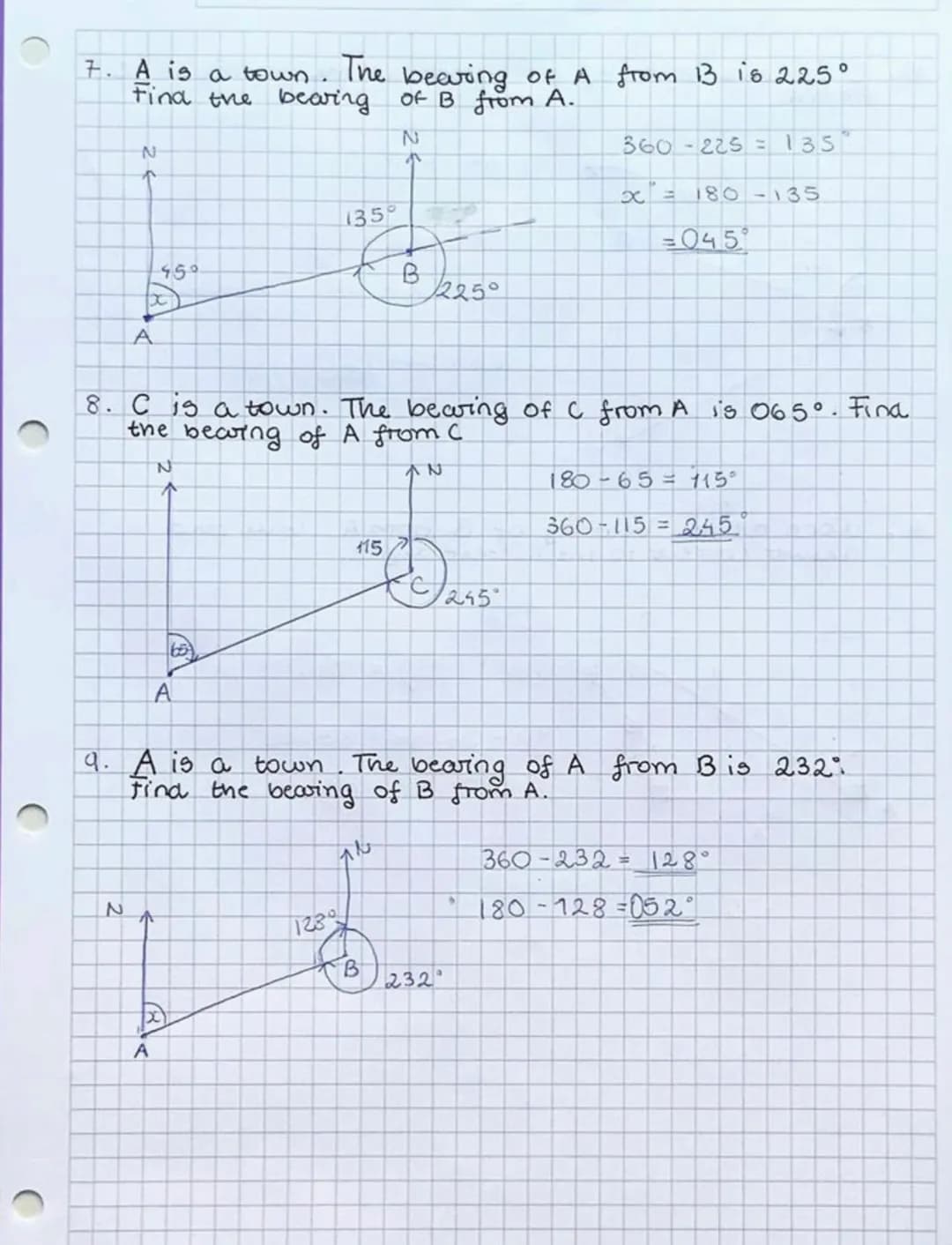 1. work out the bearing of B from A.
B
B
140
60%
Bearings
2. Work out the bearing of B from P.
AN
N
↑
Y
K
160°
N
5001
A
1200
288°
XV 1180
18